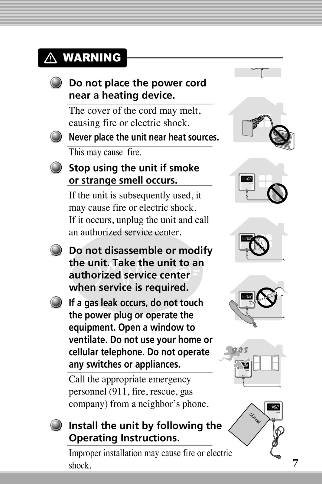 LG Electronics RLM10, RLM20K Do not place the power cord near a heating device, Never place the unit near heat sources 