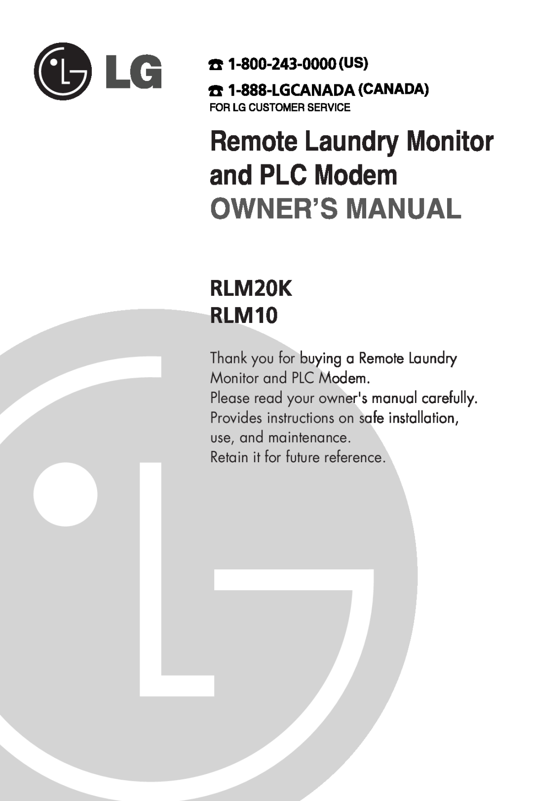 LG Electronics owner manual and PLC Modem, Owner’S Manual, Remote Laundry Monitor, RLM20K RLM10 