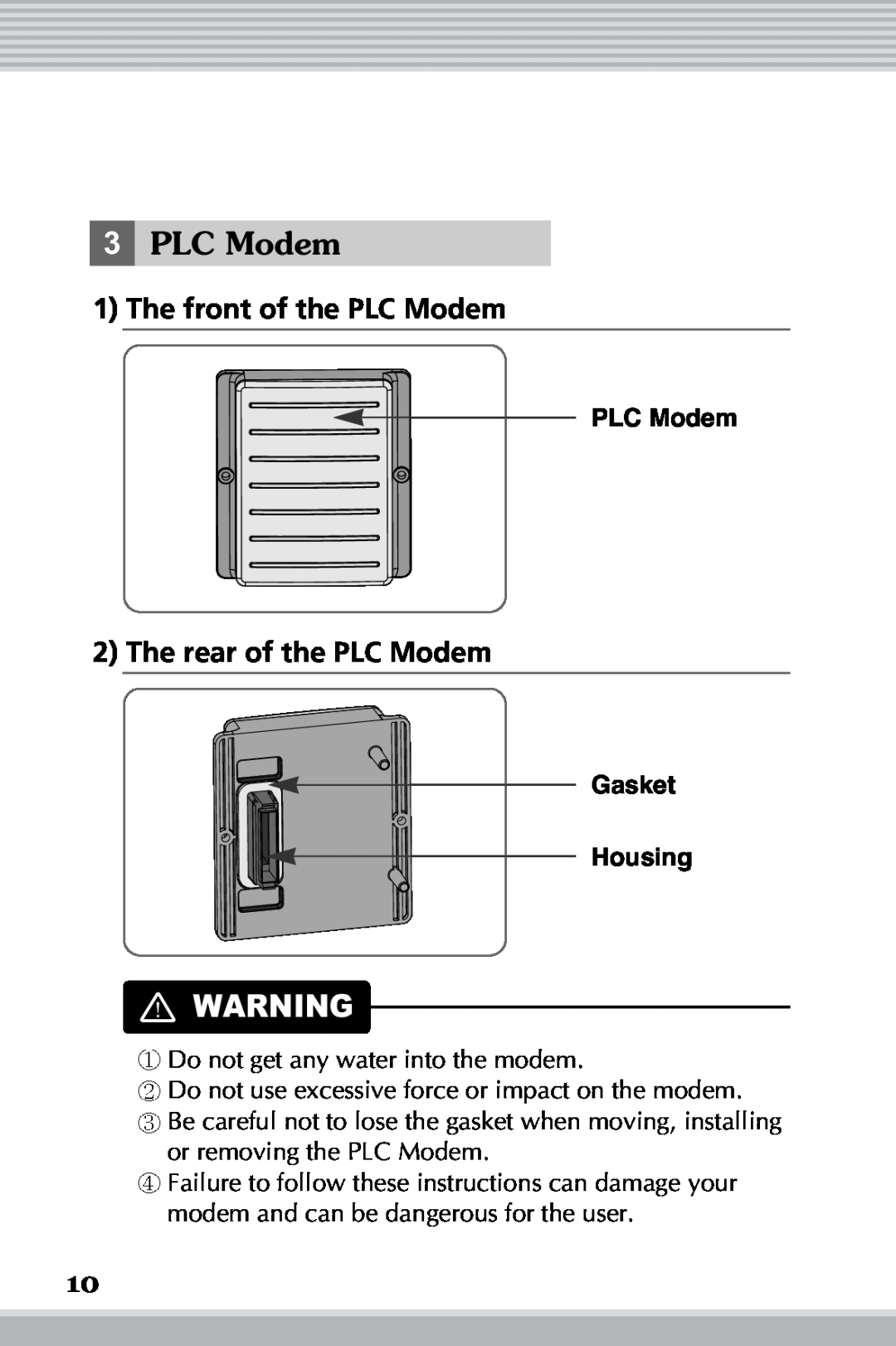LG Electronics RLM20K, RLM10 owner manual PLC Modem, Gasket Housing, Do not get any water into the modem 