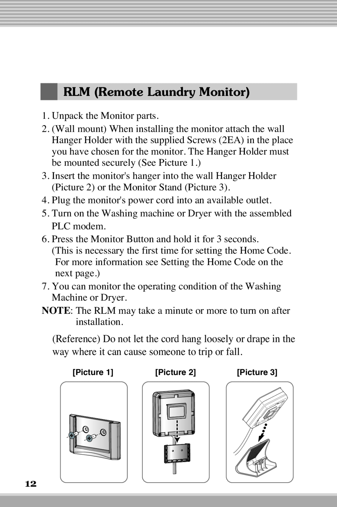 LG Electronics RLM20K, RLM10 owner manual RLM Remote Laundry Monitor 