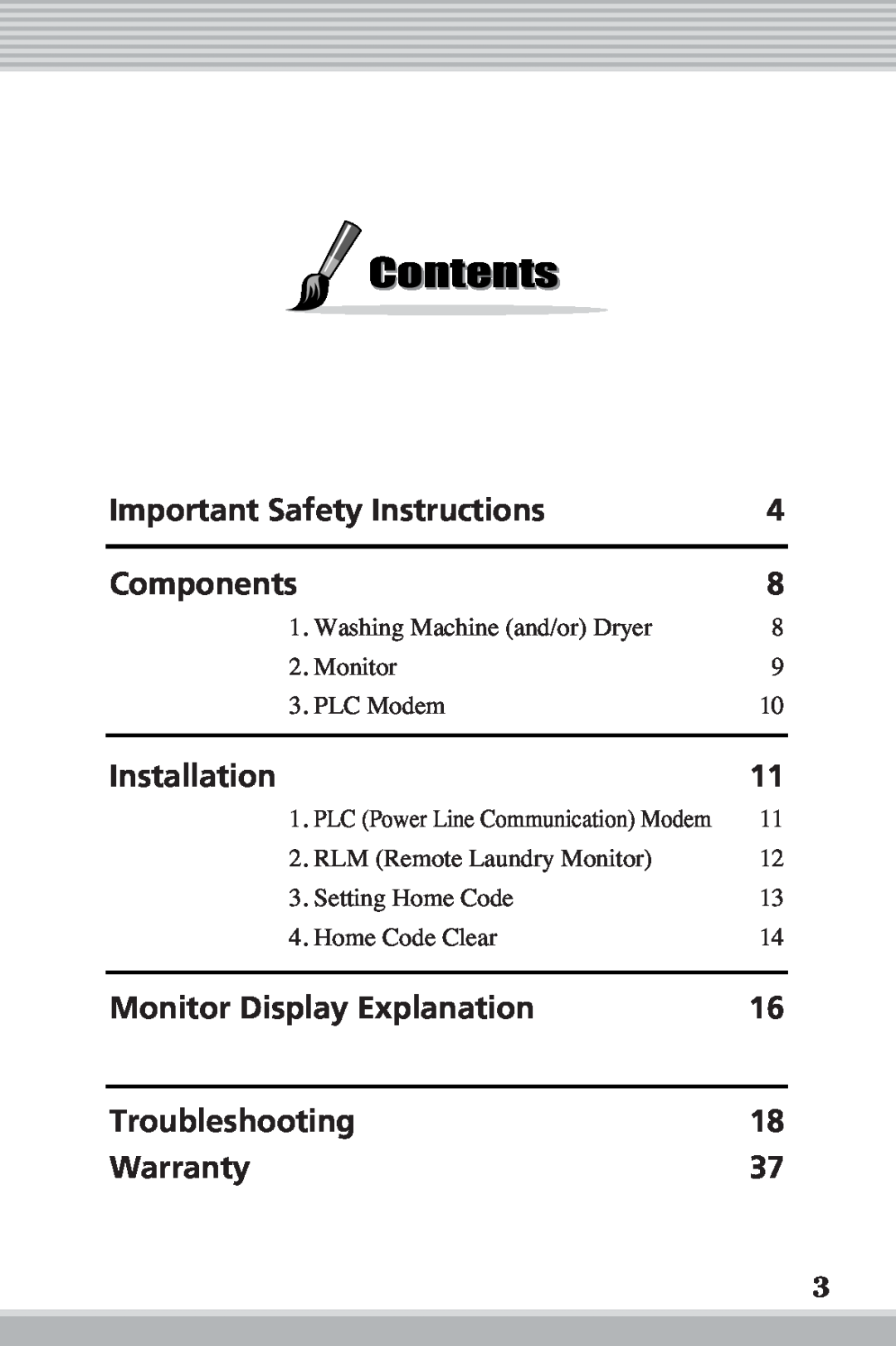LG Electronics RLM10 Contents, Important Safety Instructions, Components, Installation, Monitor Display Explanation 