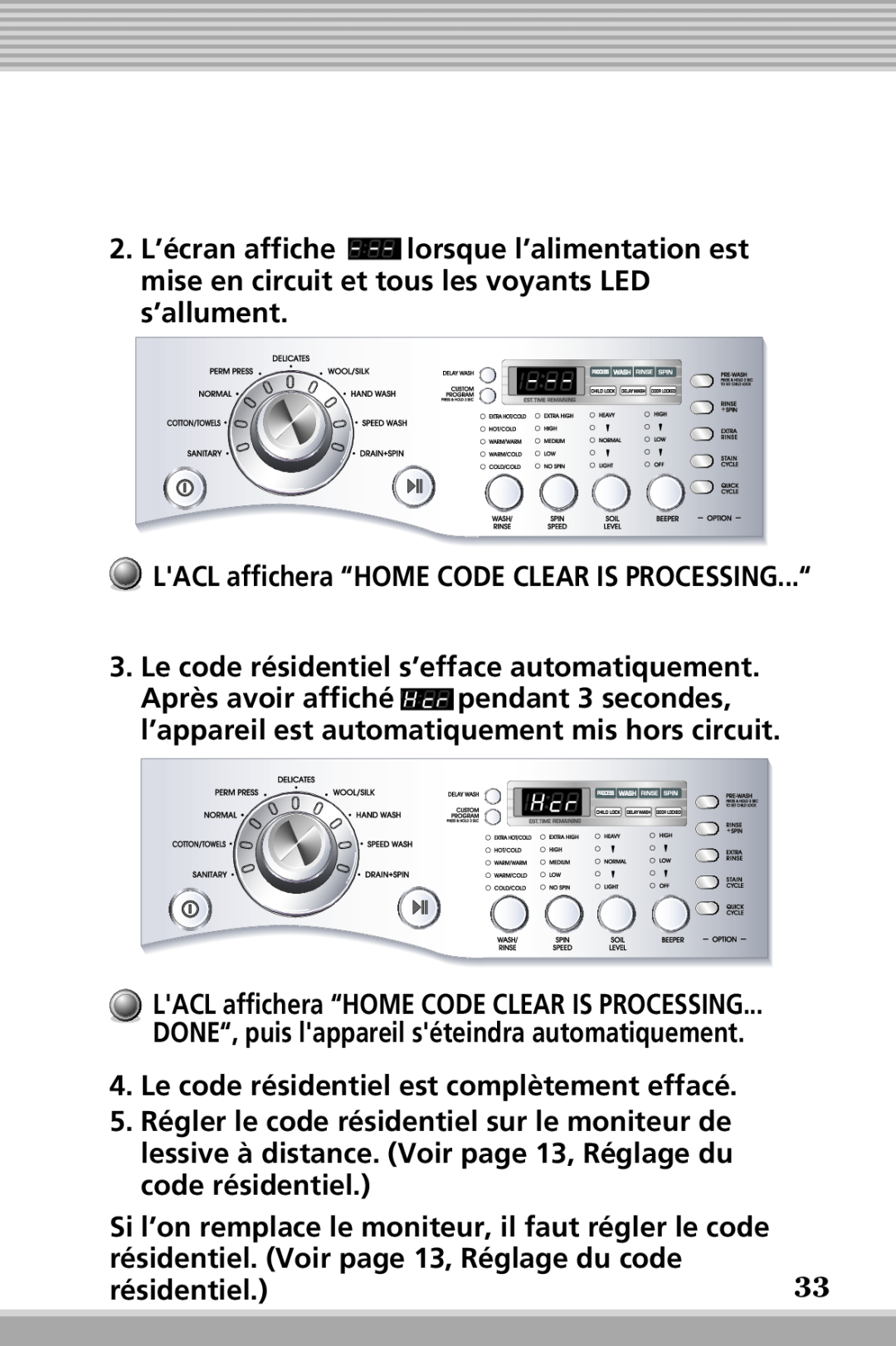LG Electronics RLM10 LACL affichera “HOME CODE CLEAR IS PROCESSING...“, Le code résidentiel s’efface automatiquement 