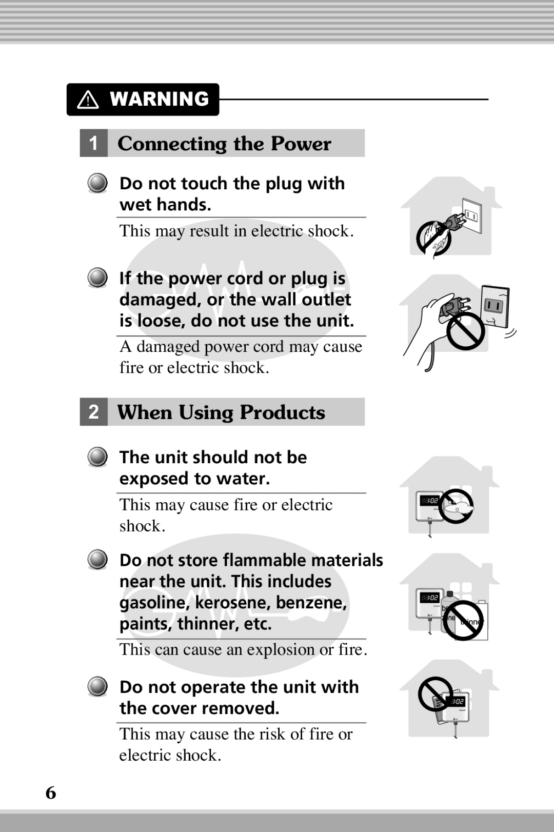 LG Electronics RLM20K, RLM10 owner manual Connecting the Power, When Using Products, Do not touch the plug with wet hands 
