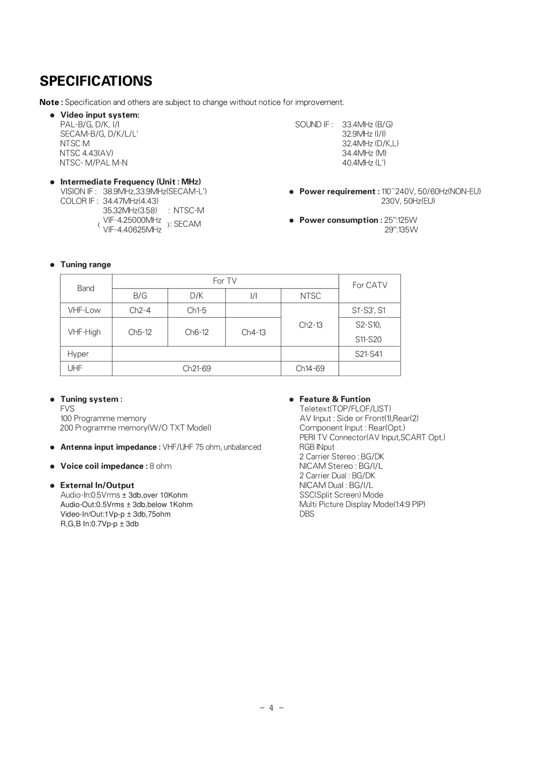 LG Electronics RT-29FB50VB/VE, RT-29FB50RB service manual Specifications, Vision if 