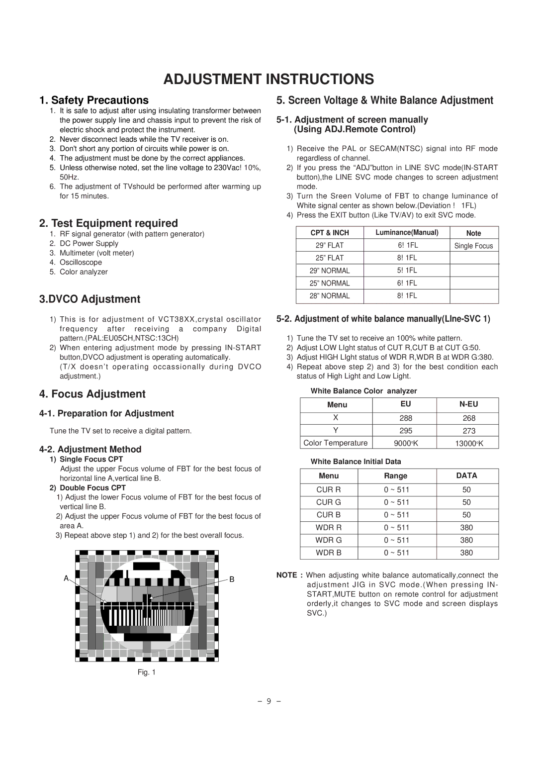 LG Electronics RT-29FB50RB, RT-29FB50VB/VE Safety Precautions, Test Equipment required, Dvco Adjustment, Focus Adjustment 