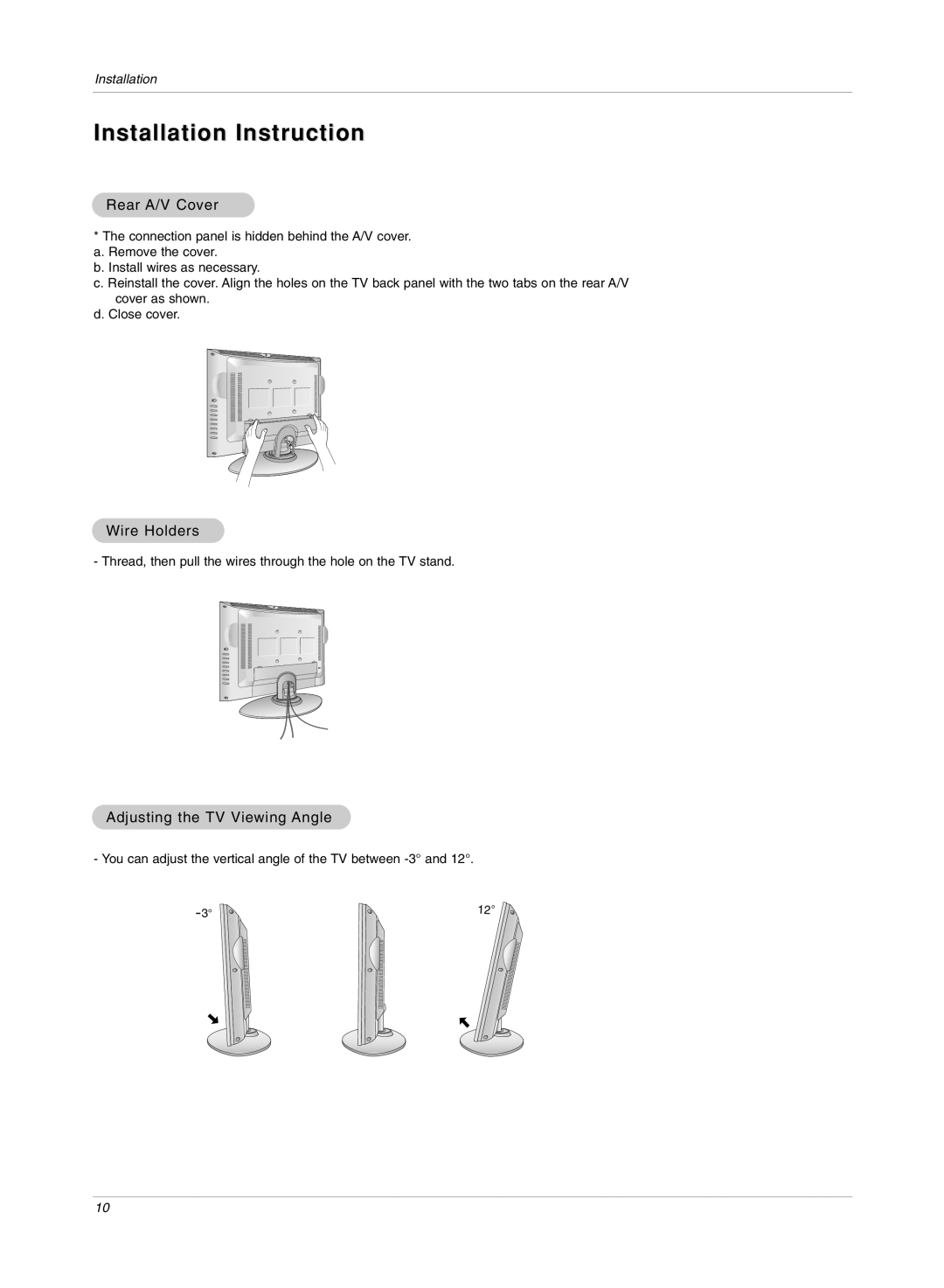 LG Electronics RU-15LA70C owner manual Rear A/V Cover, Wire Holders, Adjusting the TV Viewing Angle 