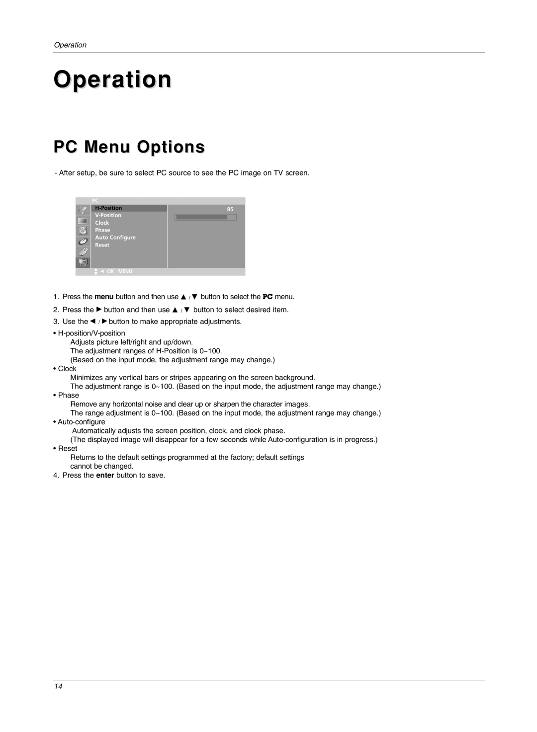 LG Electronics RU-15LA70C owner manual Operation, PC Menu Options 