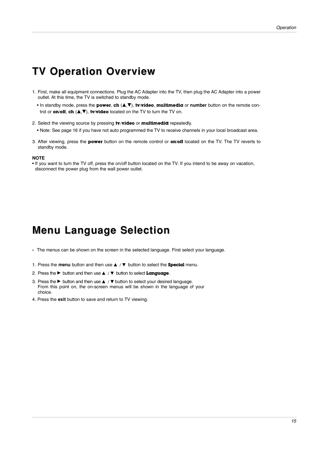 LG Electronics RU-15LA70C owner manual TV Operation Overview, Menu Language Selection 