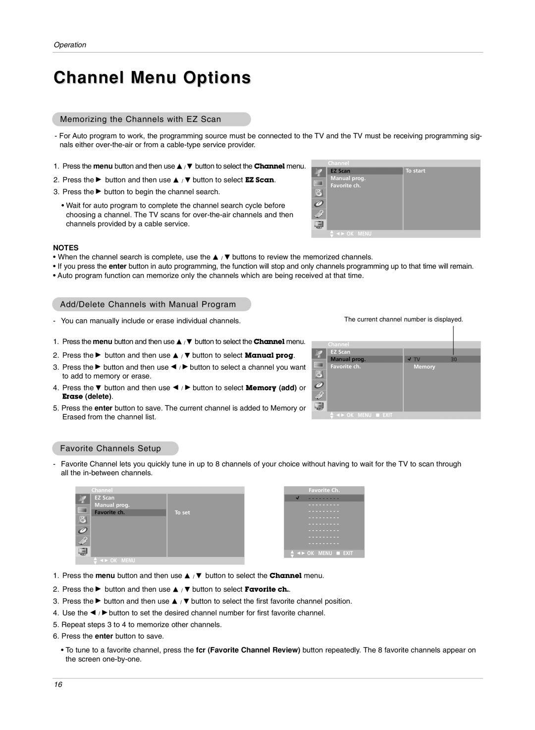 LG Electronics RU-15LA70C owner manual Channel Menu Options, Memorizing the Channels with EZ Scan, Favorite Channels Setup 