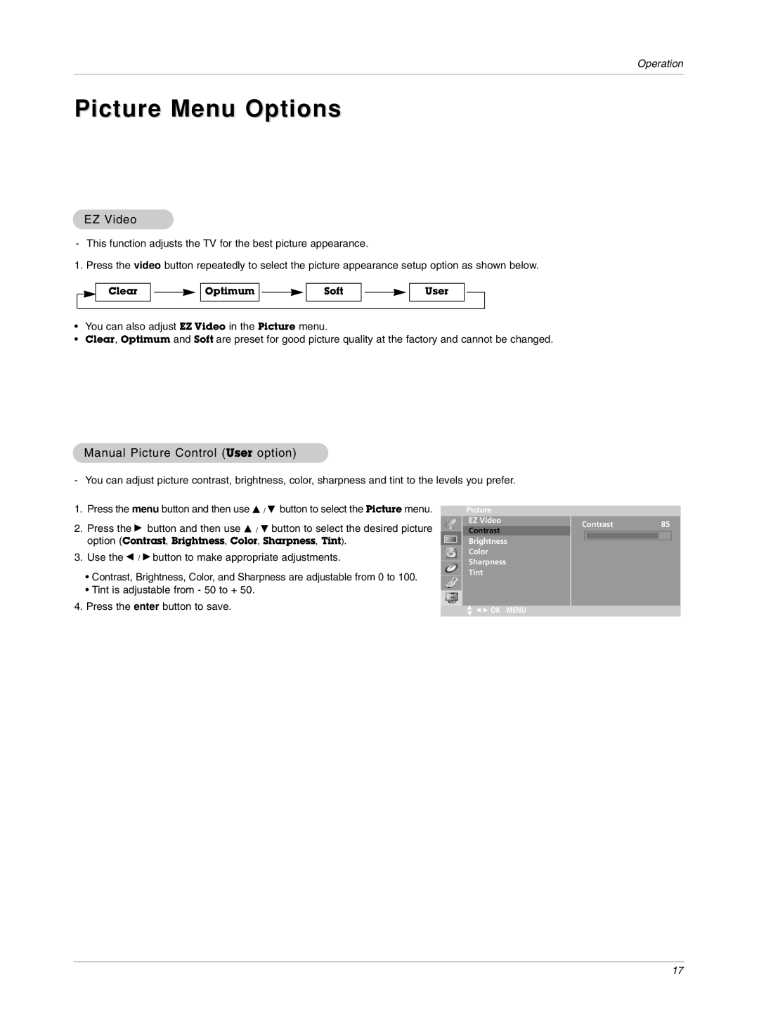 LG Electronics RU-15LA70C owner manual Picture Menu Options, EZ Video, Manual Picture Control User option 