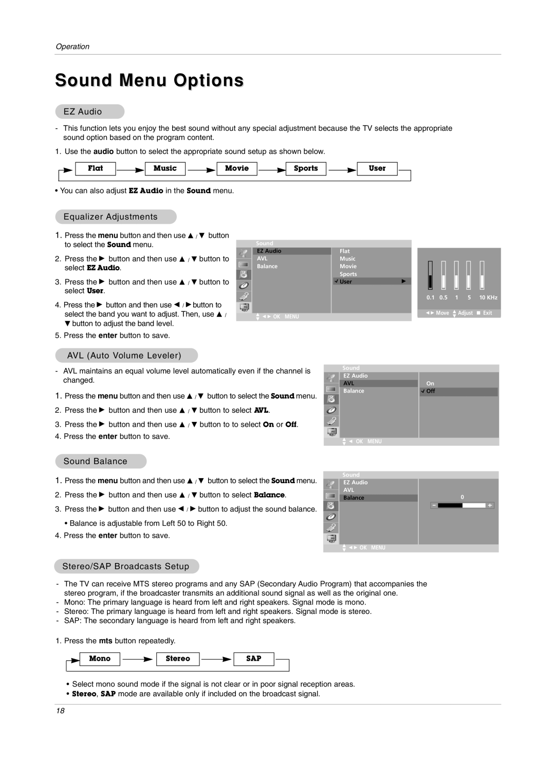 LG Electronics RU-15LA70C owner manual Sound Menu Options 