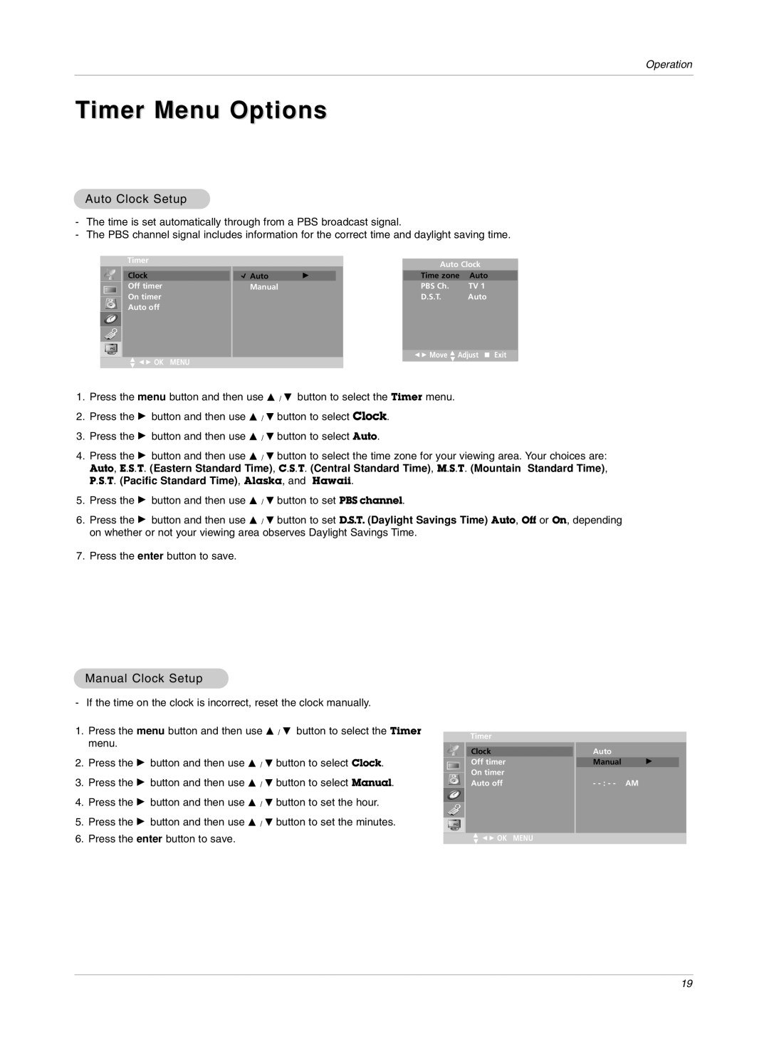 LG Electronics RU-15LA70C owner manual Timer Menu Options, Auto Clock Setup, Manual Clock Setup 