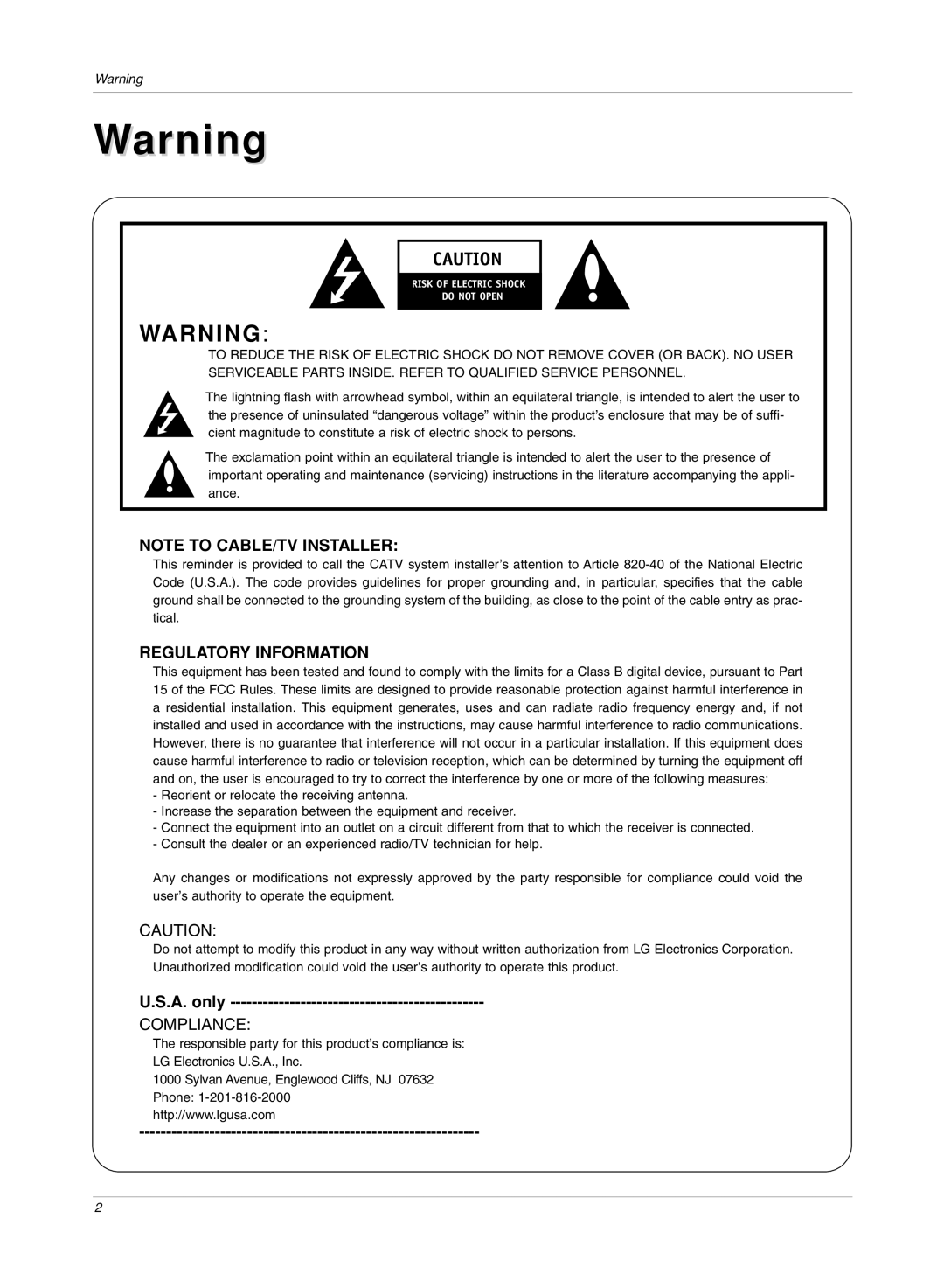 LG Electronics RU-15LA70C owner manual Regulatory Information 