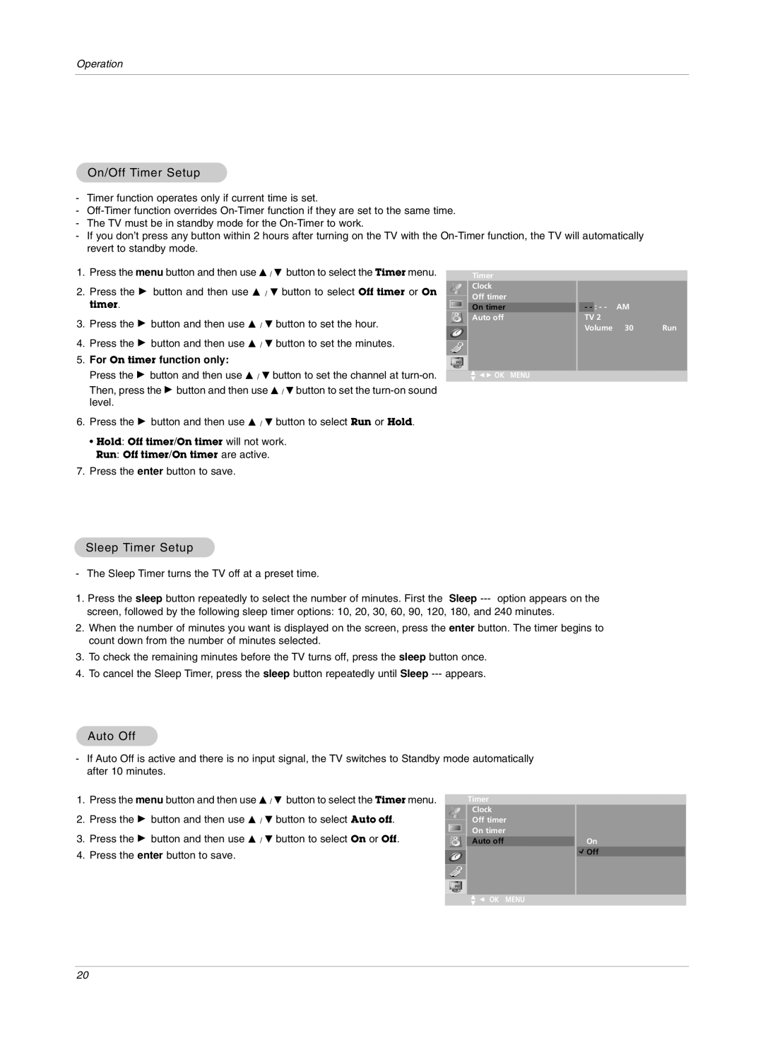 LG Electronics RU-15LA70C owner manual On/Off Timer Setup, Sleep Timer Setup, Auto Off, For On timer function only 