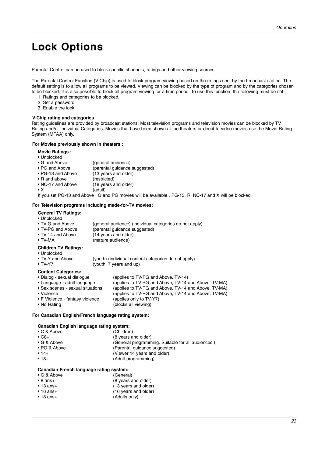 LG Electronics RU-15LA70C owner manual Lock Options 