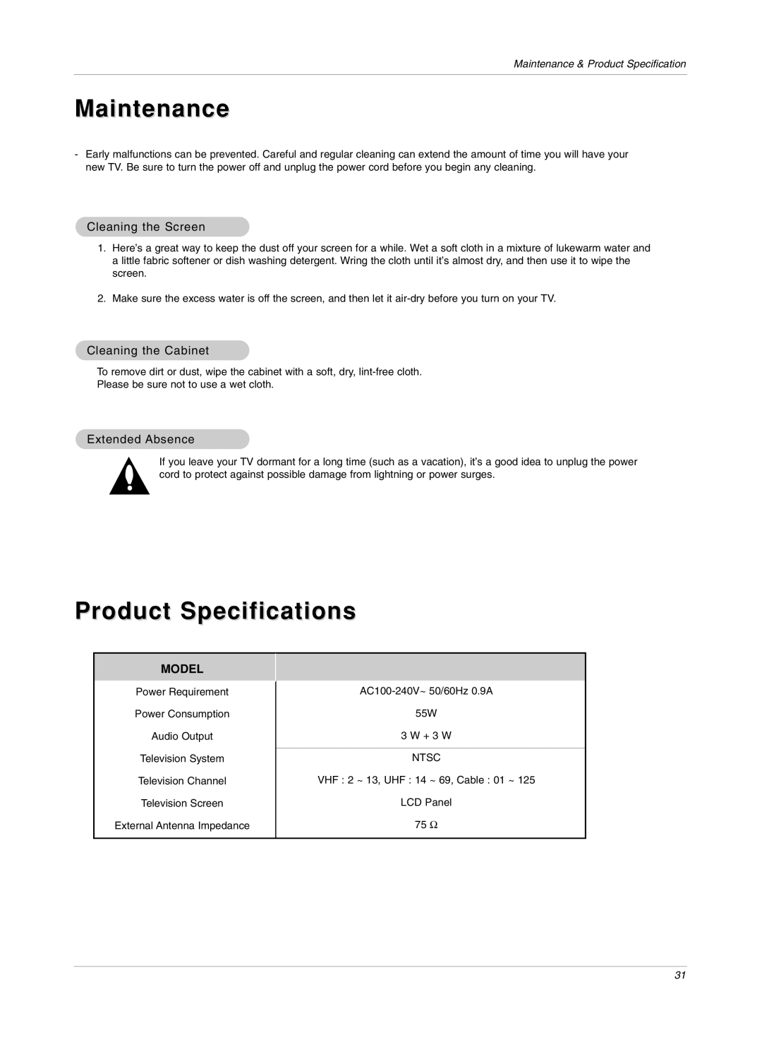 LG Electronics RU-15LA70C Maintenance, Product Specifications, Cleaning the Screen, Cleaning the Cabinet, Extended Absence 