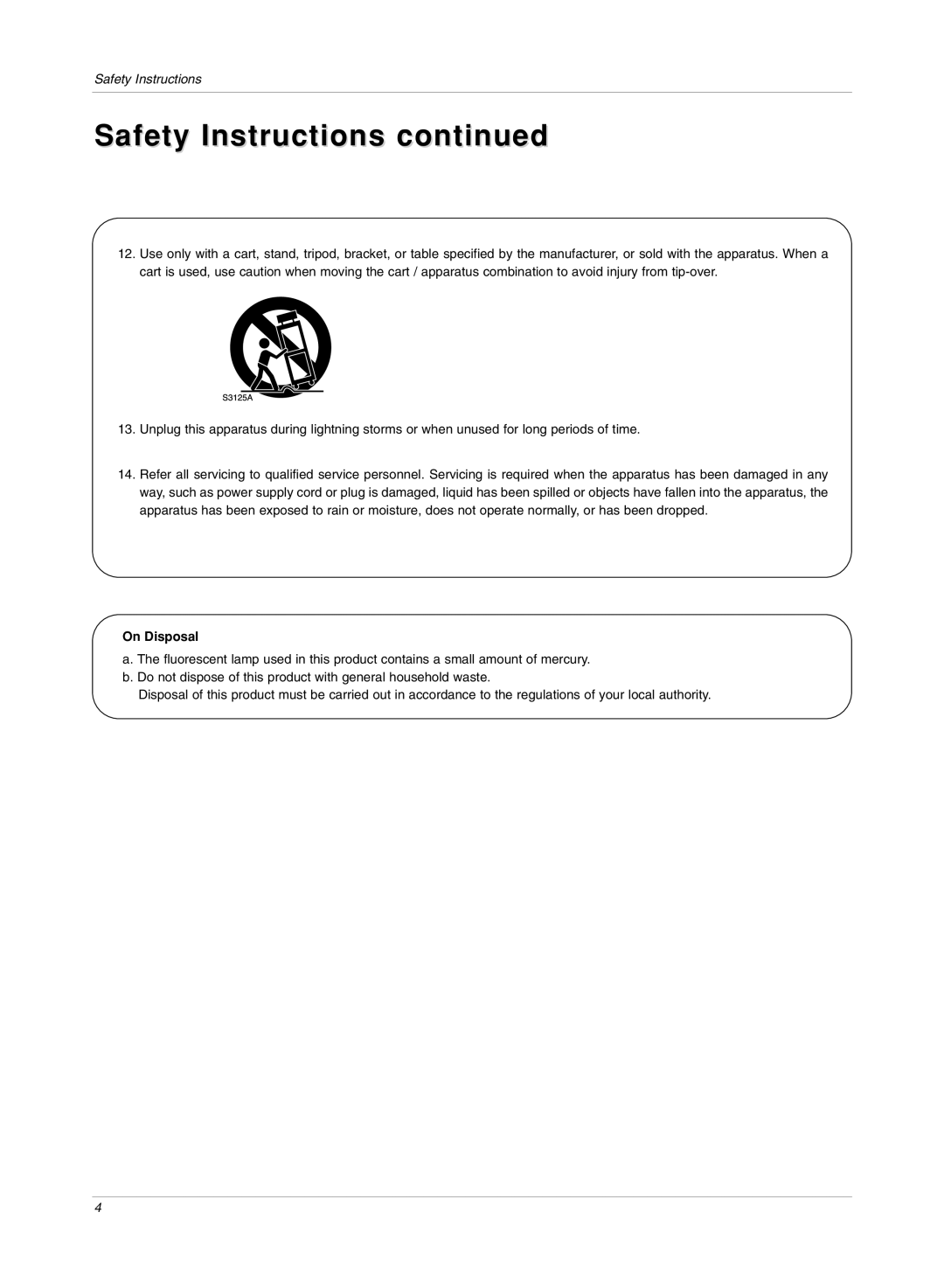 LG Electronics RU-15LA70C owner manual Safety Instructions, On Disposal 