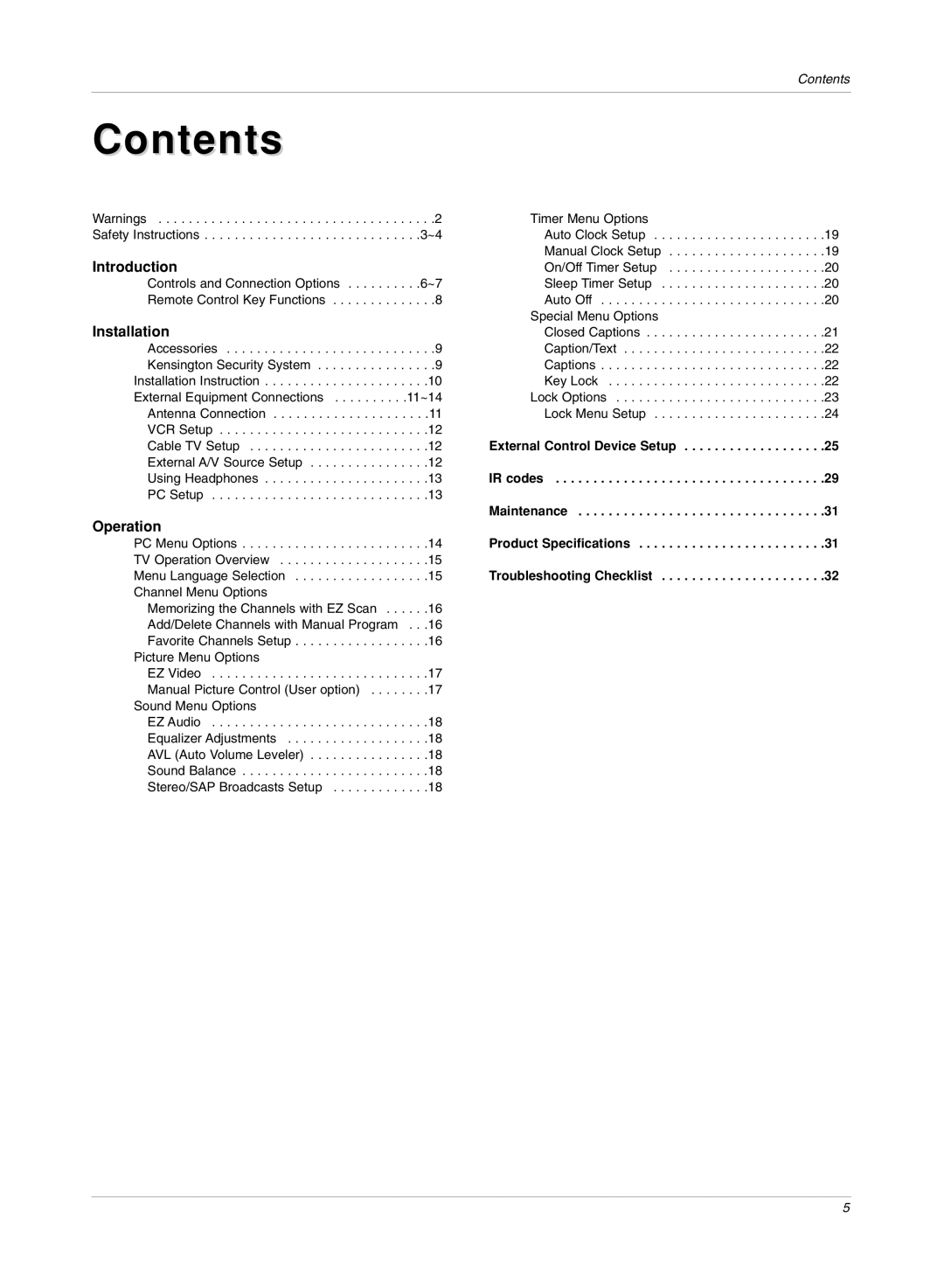 LG Electronics RU-15LA70C owner manual Contents 