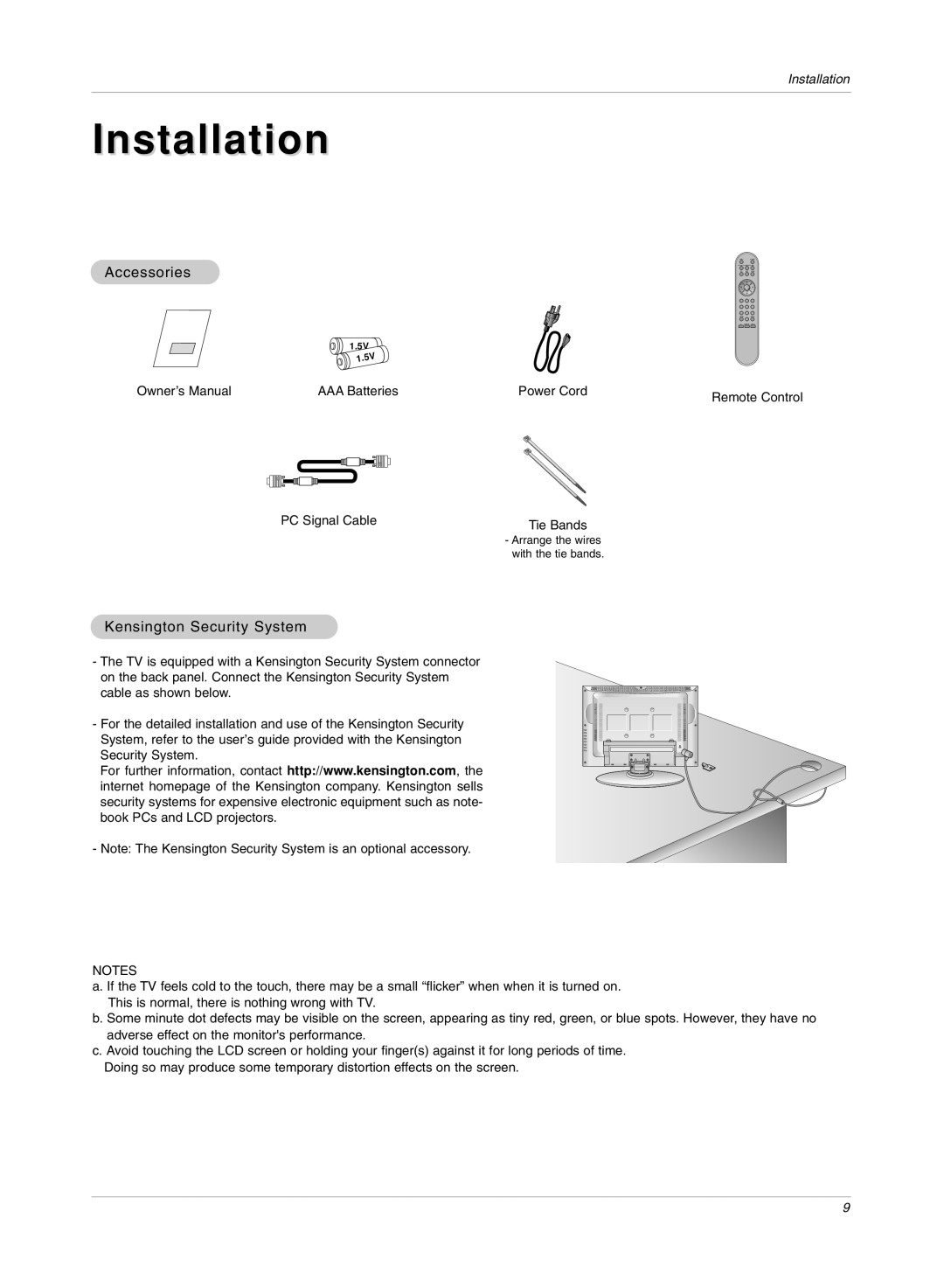 LG Electronics RU-15LA70C owner manual Installation, Accessories, Kensington Security System 