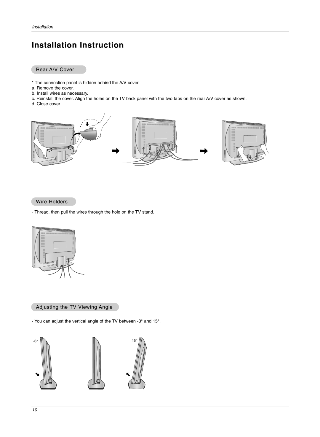 LG Electronics RU-17LZ50C owner manual Rear A/V Cover, Wire Holders, Adjusting the TV Viewing Angle 