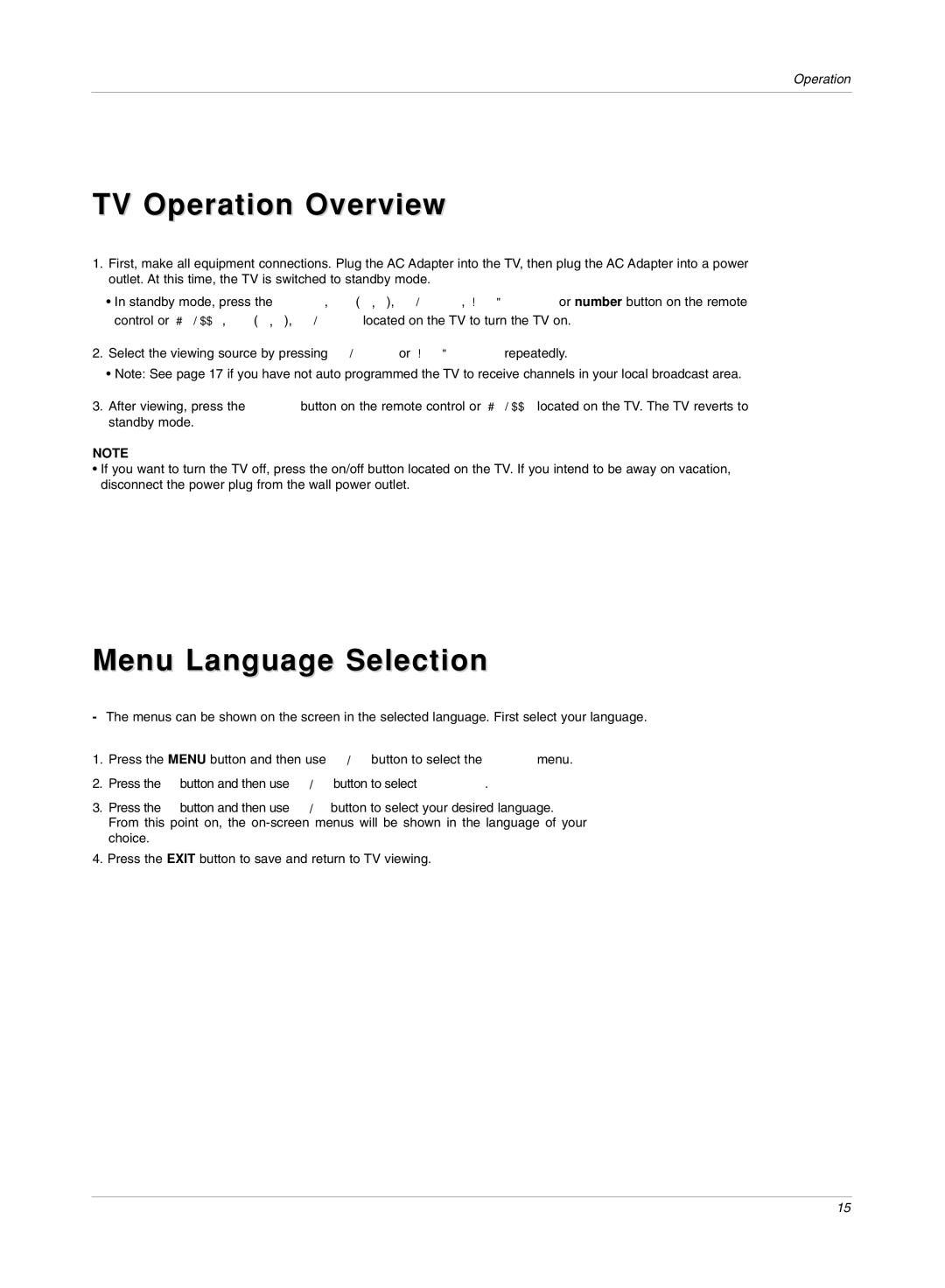 LG Electronics RU-17LZ50C owner manual TV Operation Overview, Menu Language Selection 