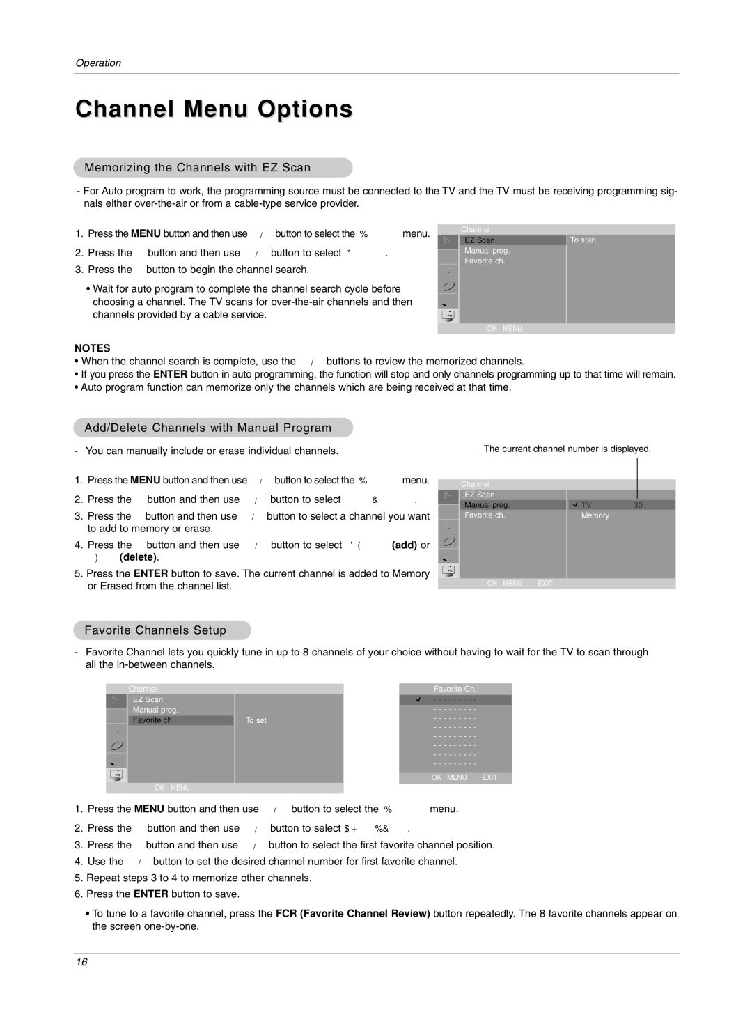 LG Electronics RU-17LZ50C owner manual Channel Menu Options, Memorizing the Channels with EZ Scan, Favorite Channels Setup 