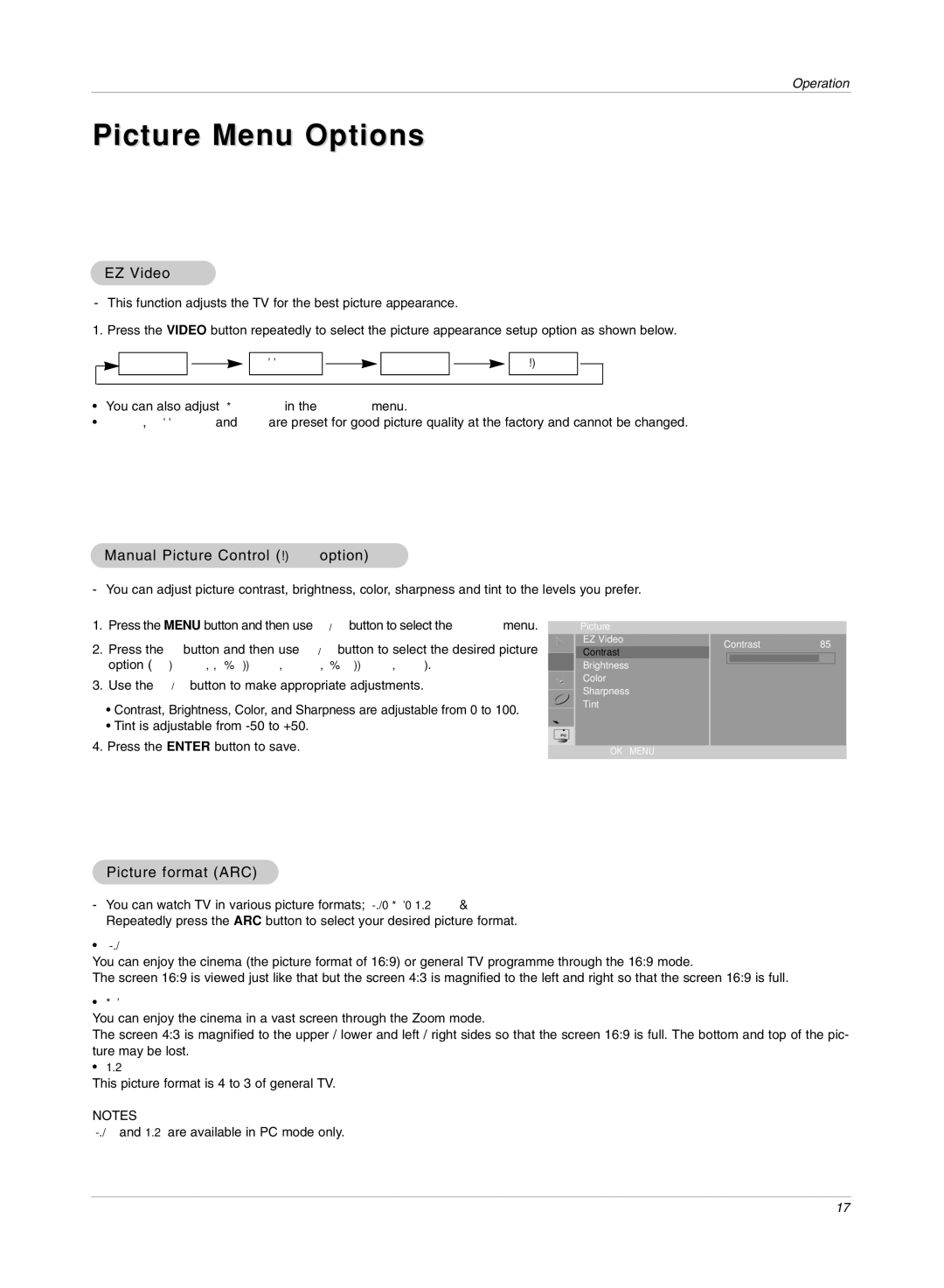 LG Electronics RU-17LZ50C Picture Menu Options, EZ Video, Manual Picture Control User option, Picture format ARC 