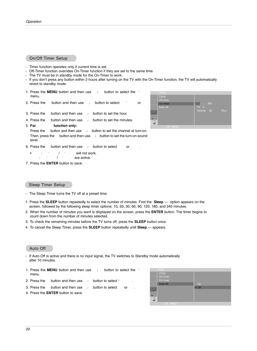 LG Electronics RU-17LZ50C owner manual On/Off Timer Setup, Sleep Timer Setup, Auto Off, For On timer function only 