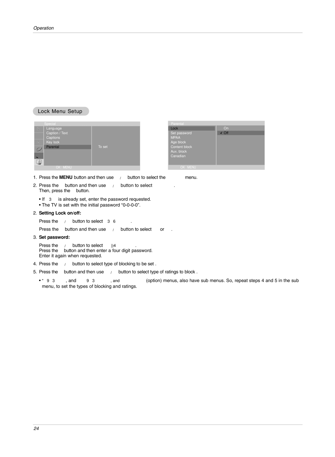 LG Electronics RU-17LZ50C owner manual Lock Menu Setup, Setting Lock on/off, Set password 