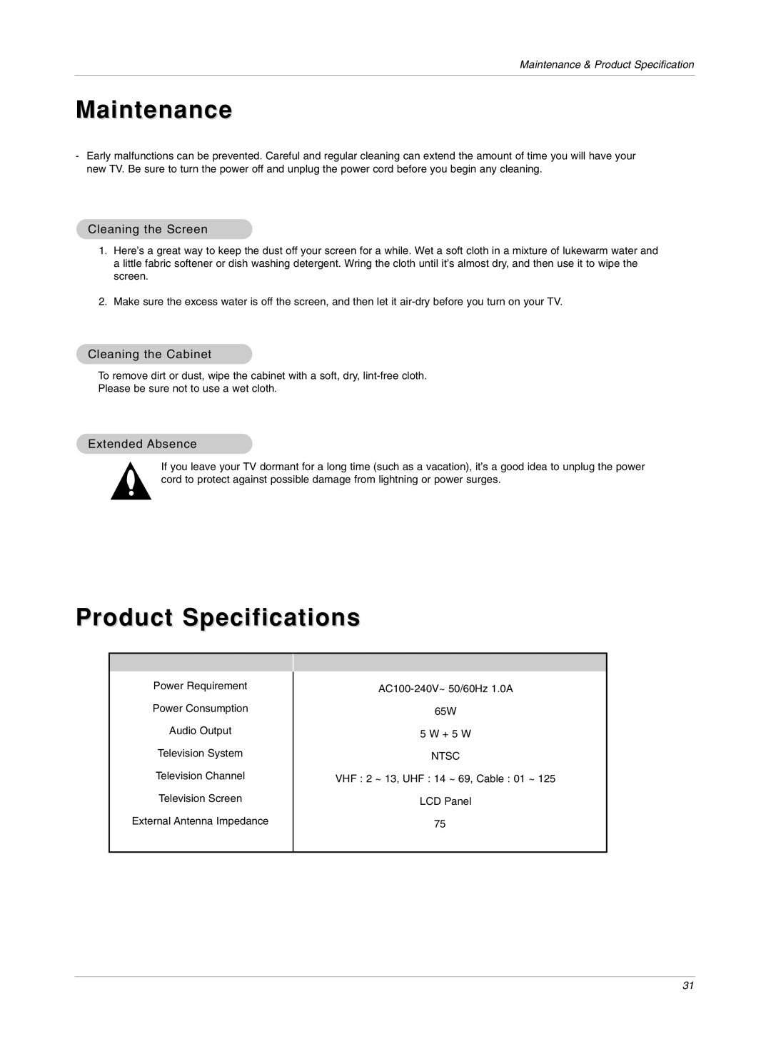 LG Electronics RU-17LZ50C Maintenance, Product Specifications, Cleaning the Screen, Cleaning the Cabinet, Extended Absence 