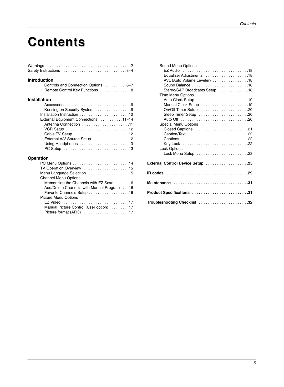 LG Electronics RU-17LZ50C owner manual Contents 