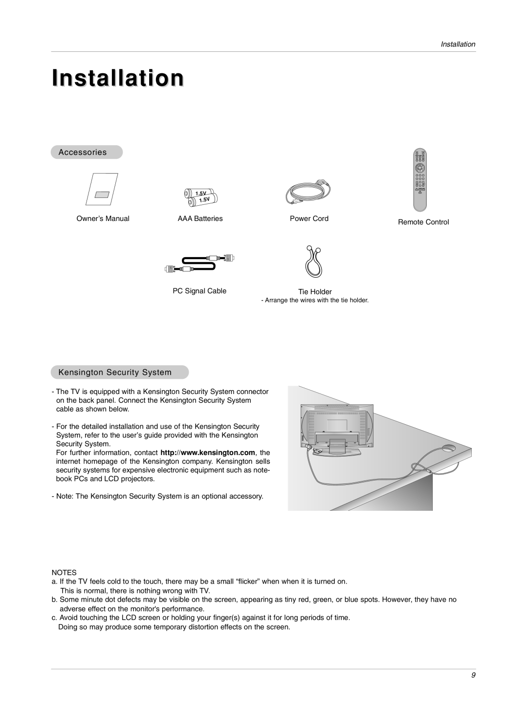 LG Electronics RU-17LZ50C owner manual Installation, Accessories, Kensington Security System 