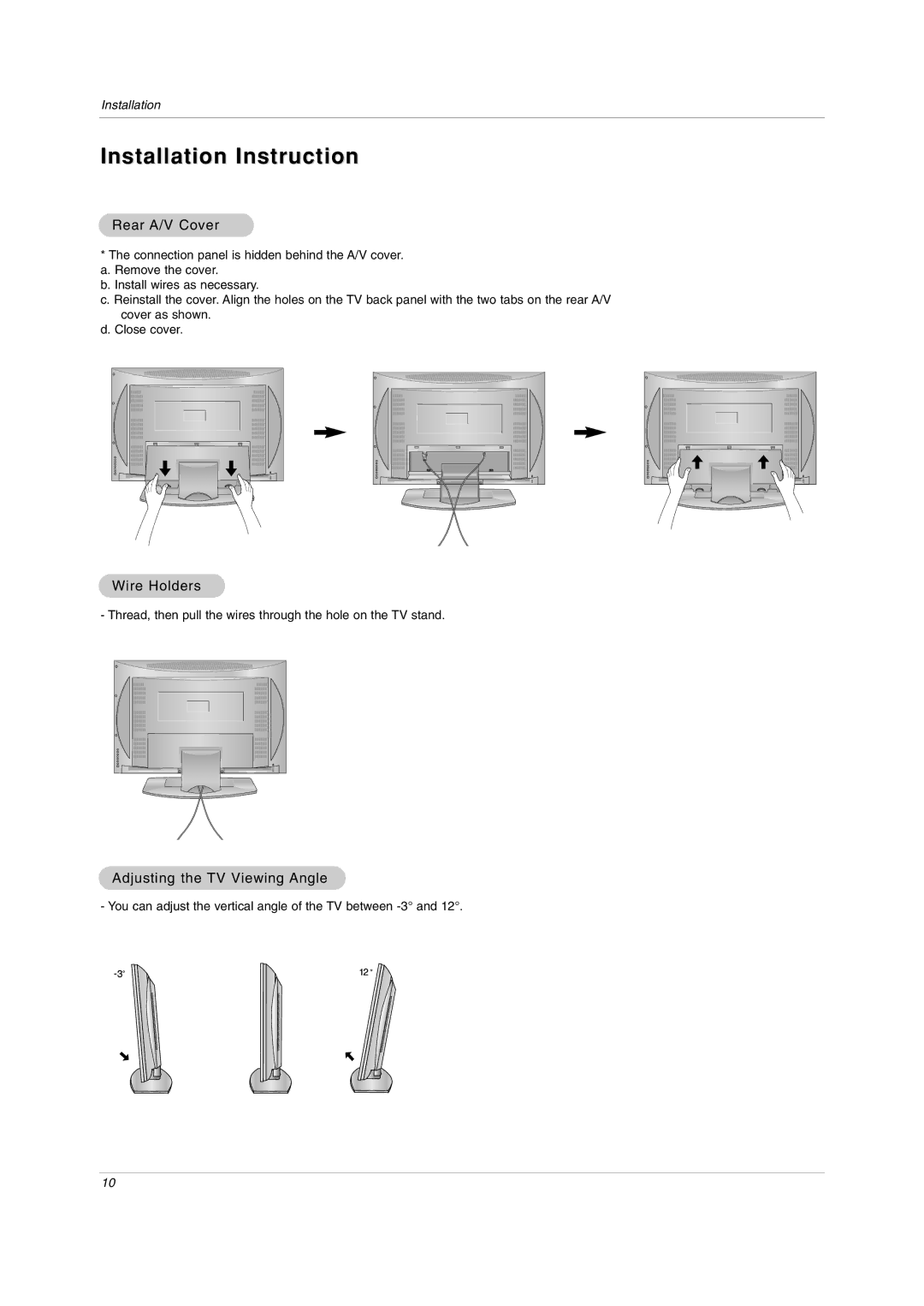 LG Electronics RU-20LA80C owner manual Rear A/V Cover, Wire Holders, Adjusting the TV Viewing Angle 