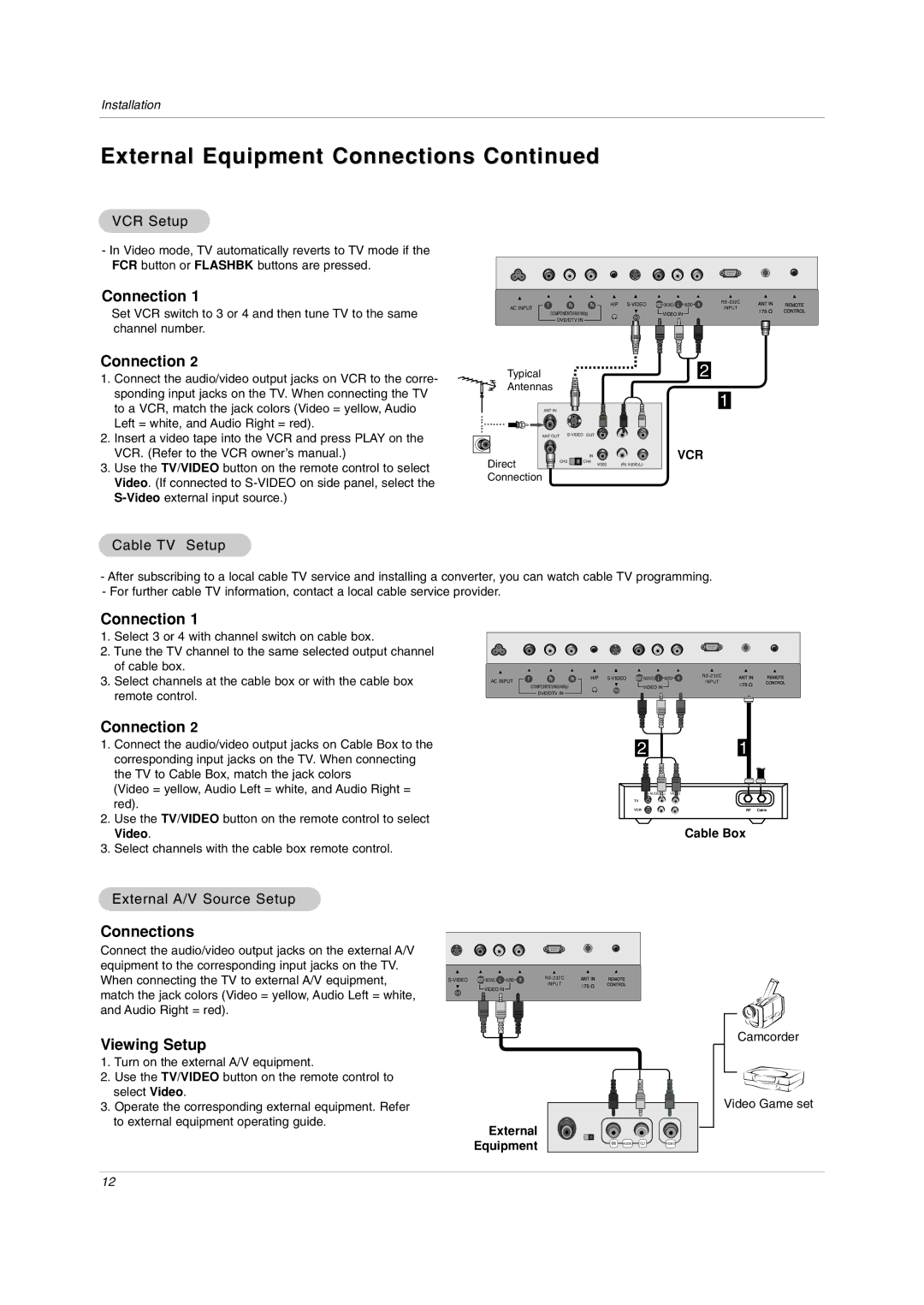 LG Electronics RU-20LA80C owner manual VCR Setup, Cable TV Setup, External A/V Source Setup, Cable Box, External Equipment 