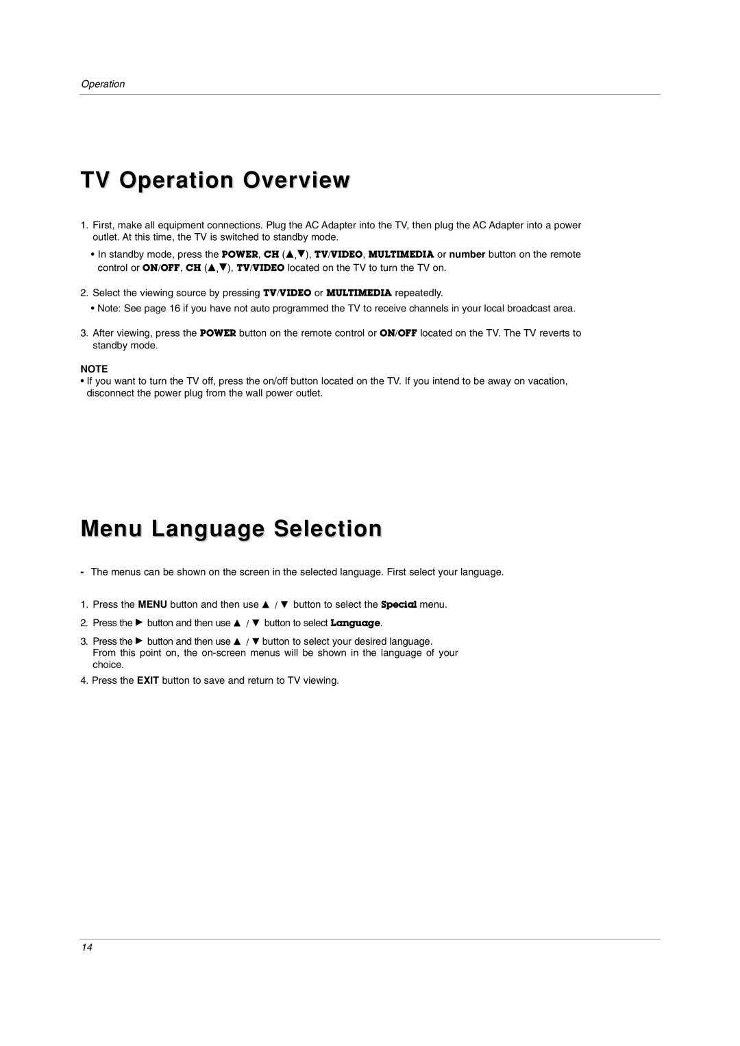 LG Electronics RU-20LA80C owner manual TV Operation Overview, Menu Language Selection 