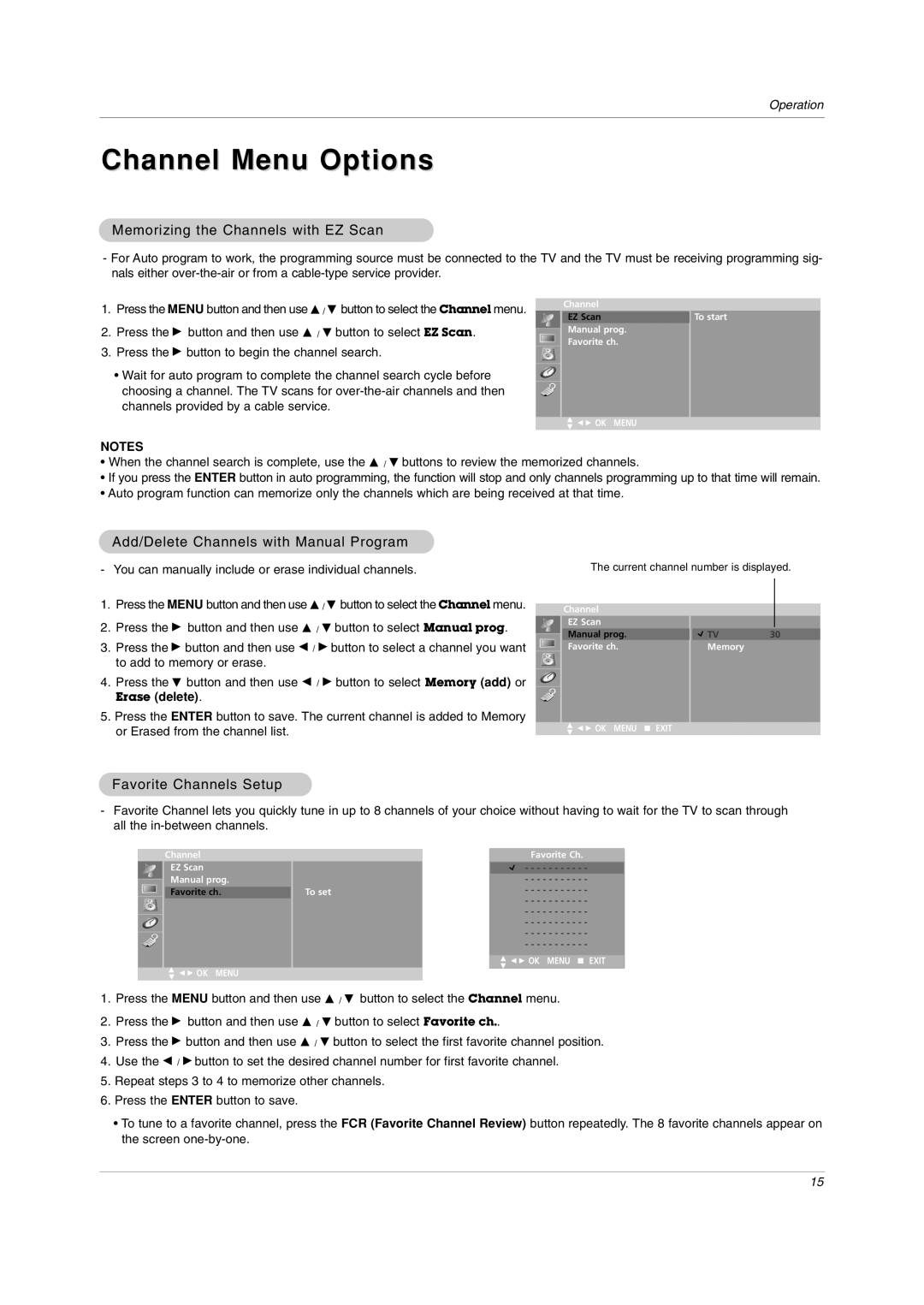 LG Electronics RU-20LA80C owner manual Channel Menu Options, Memorizing the Channels with EZ Scan, Favorite Channels Setup 