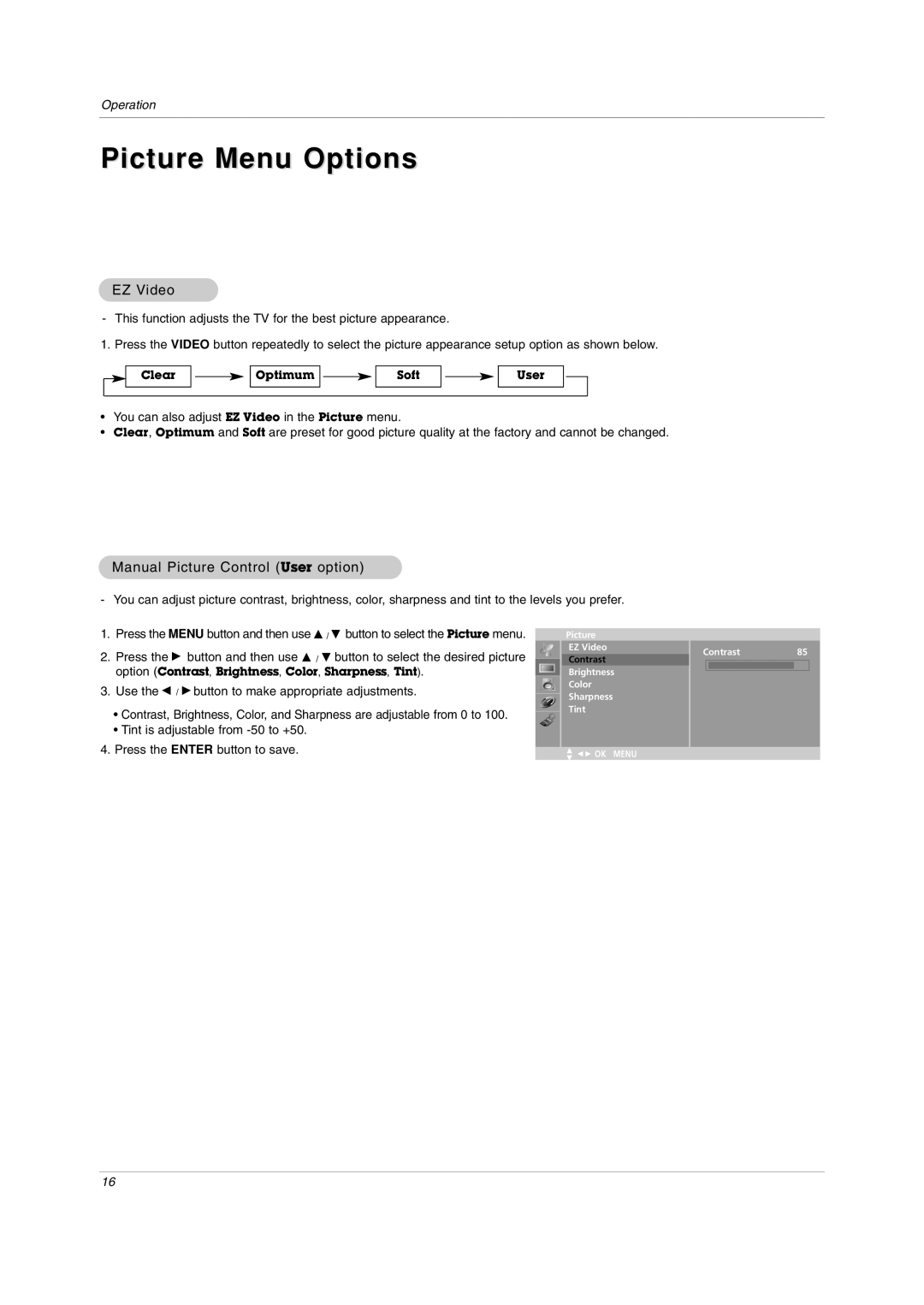 LG Electronics RU-20LA80C owner manual Picture Menu Options, EZ Video, Manual Picture Control User option 