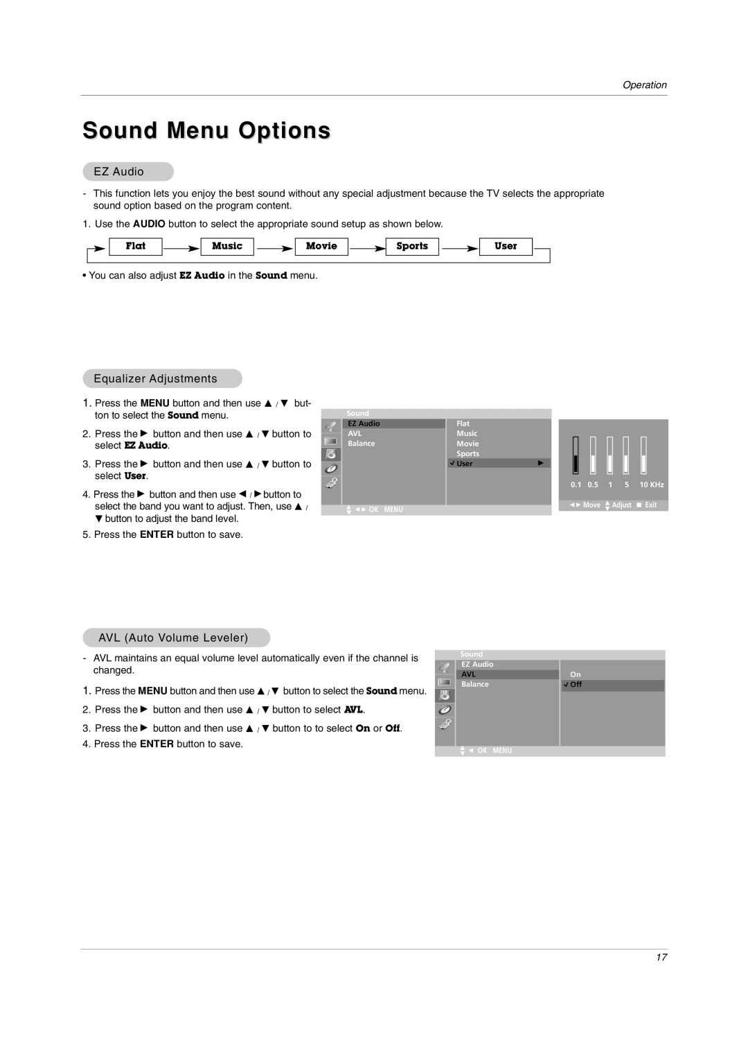 LG Electronics RU-20LA80C owner manual Sound Menu Options, EZ Audio, Equalizer Adjustments, AVL Auto Volume Leveler 