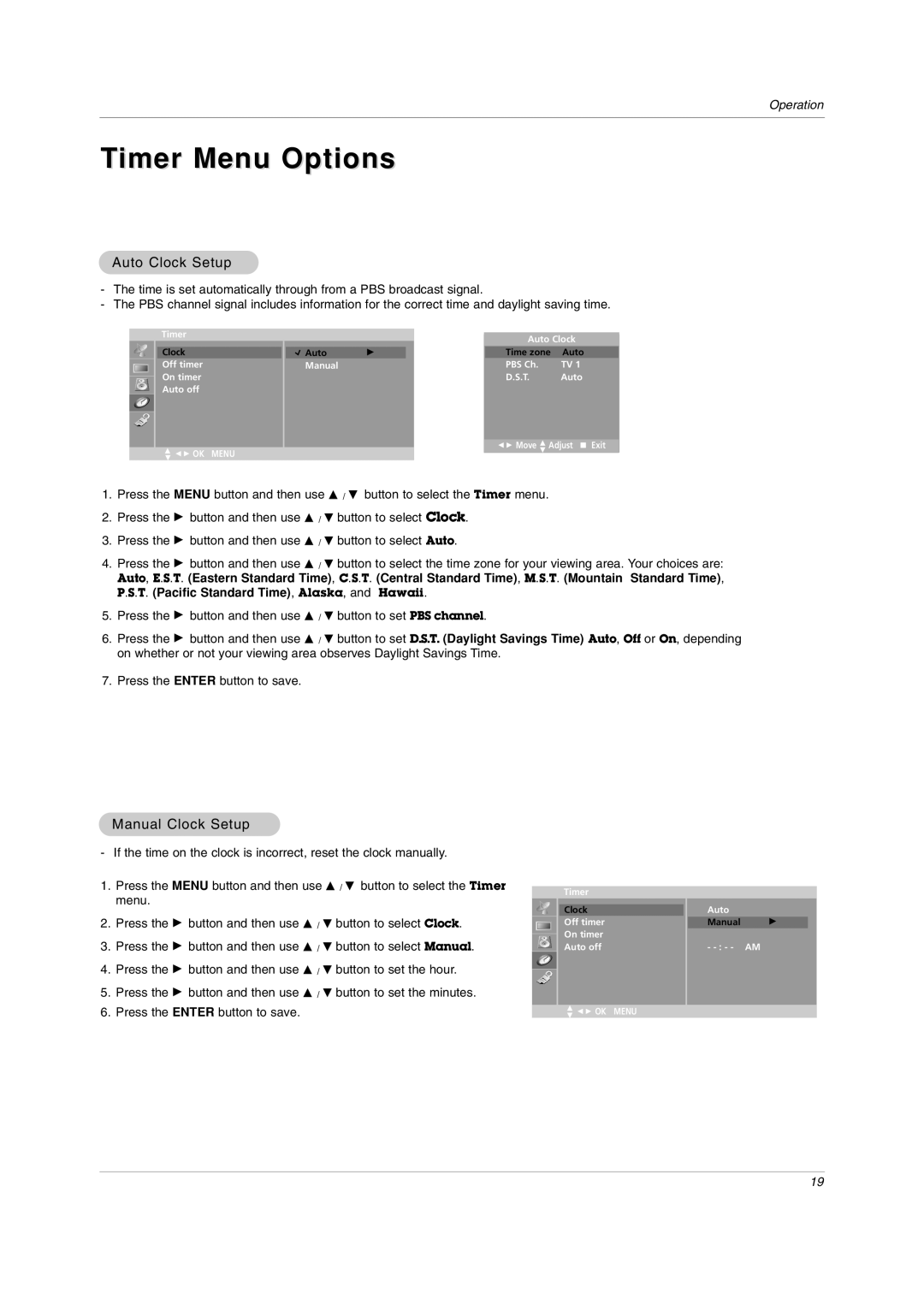 LG Electronics RU-20LA80C owner manual Timer Menu Options, Auto Clock Setup, Manual Clock Setup 