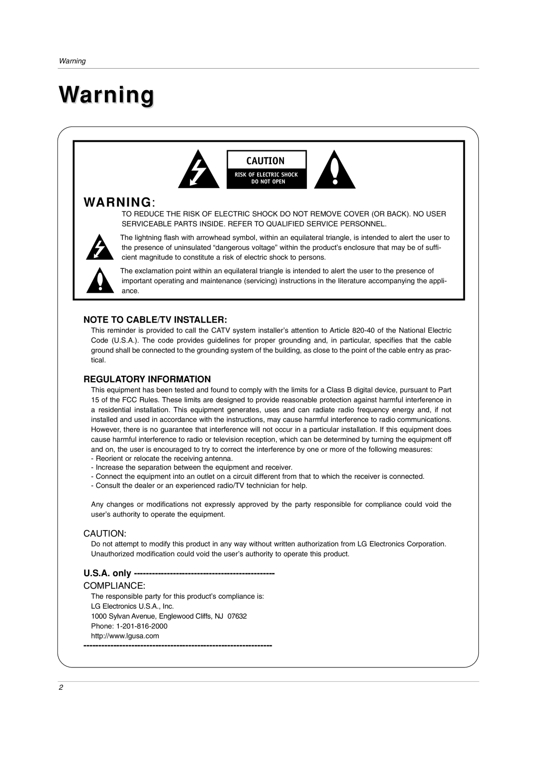 LG Electronics RU-20LA80C owner manual Regulatory Information 