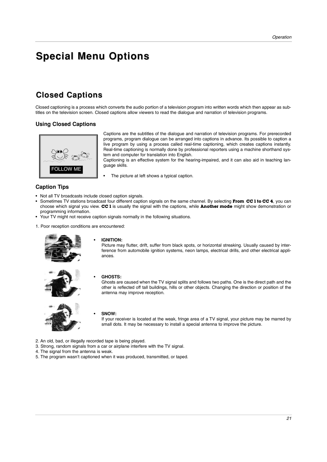 LG Electronics RU-20LA80C owner manual Special Menu Options, Closed Captions 