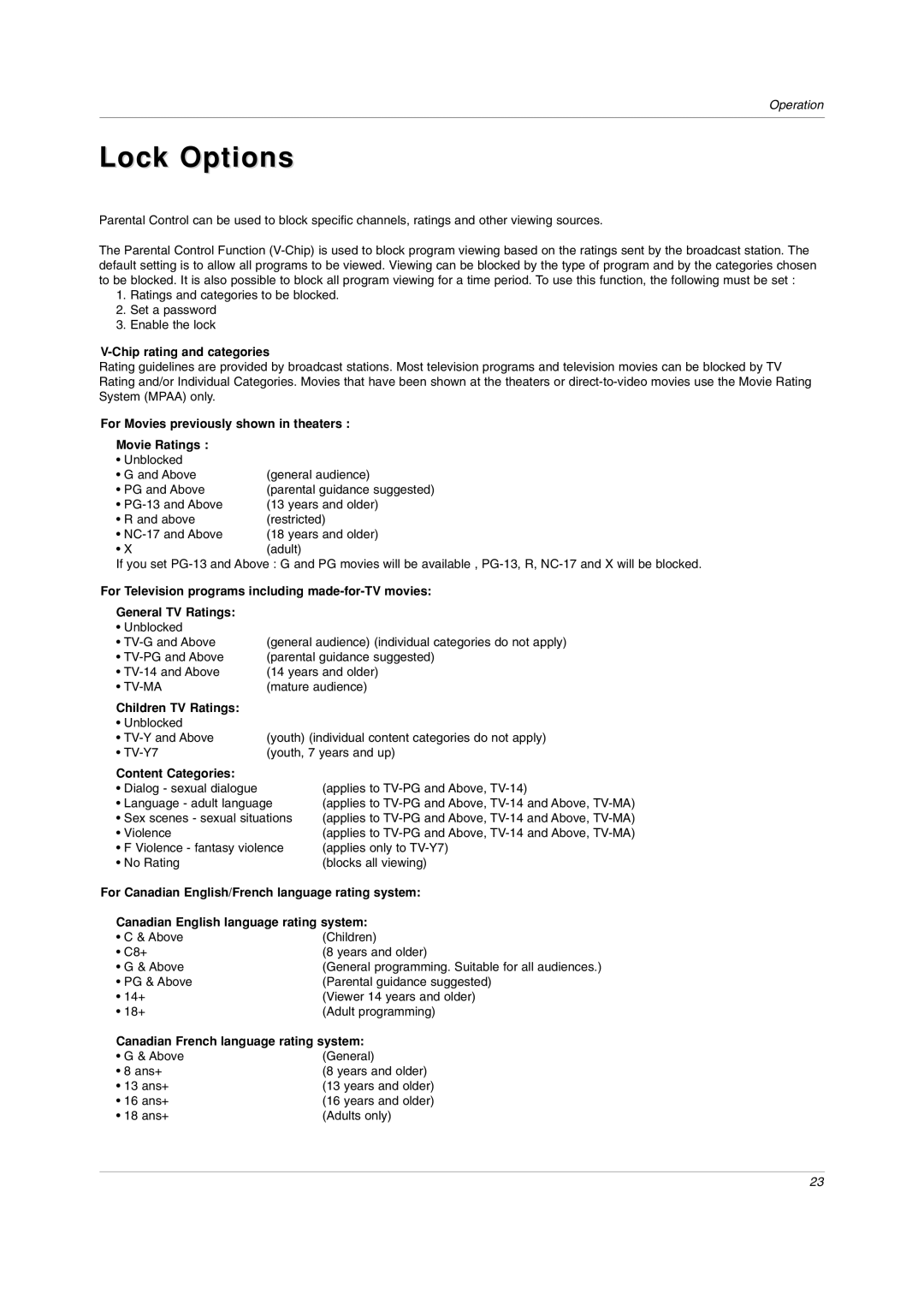 LG Electronics RU-20LA80C owner manual Lock Options 