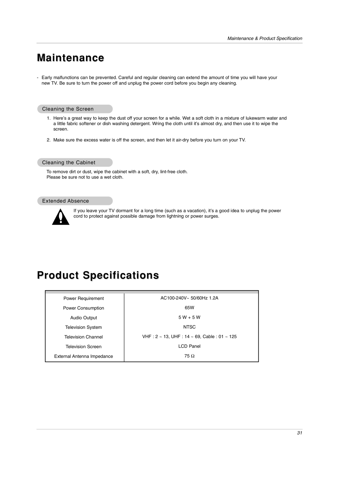 LG Electronics RU-20LA80C Maintenance, Product Specifications, Cleaning the Screen, Cleaning the Cabinet, Extended Absence 