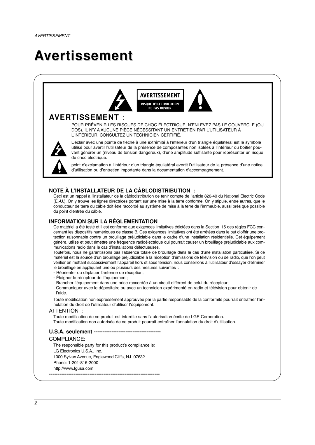 LG Electronics RU-20LA80C owner manual Avertissement 