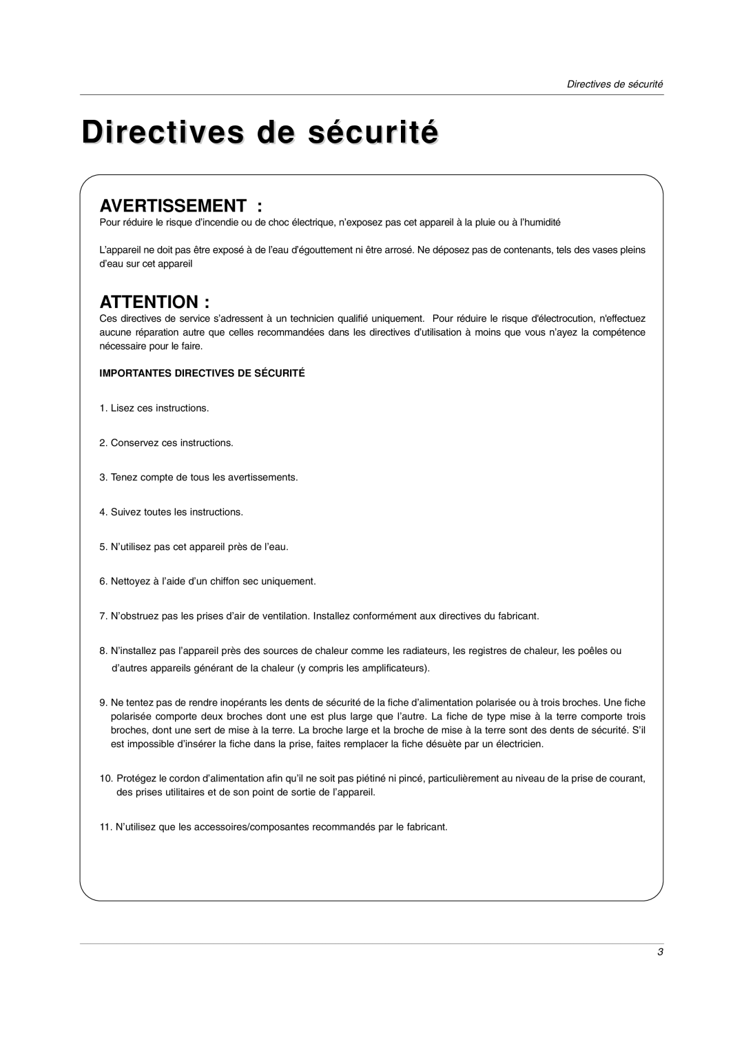 LG Electronics RU-20LA80C owner manual Directives de sécurité 