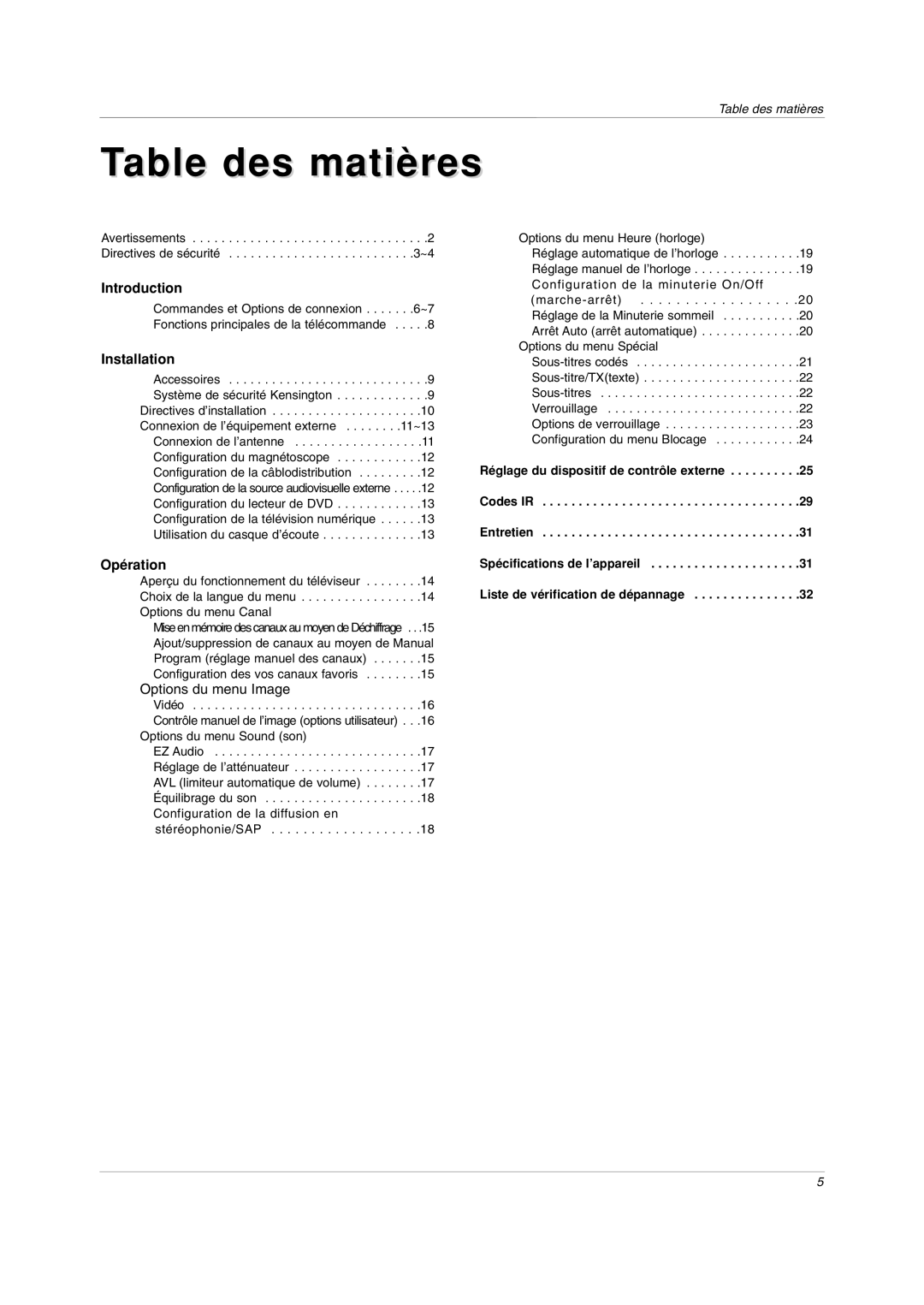 LG Electronics RU-20LA80C owner manual Opération, Options du menu Image 