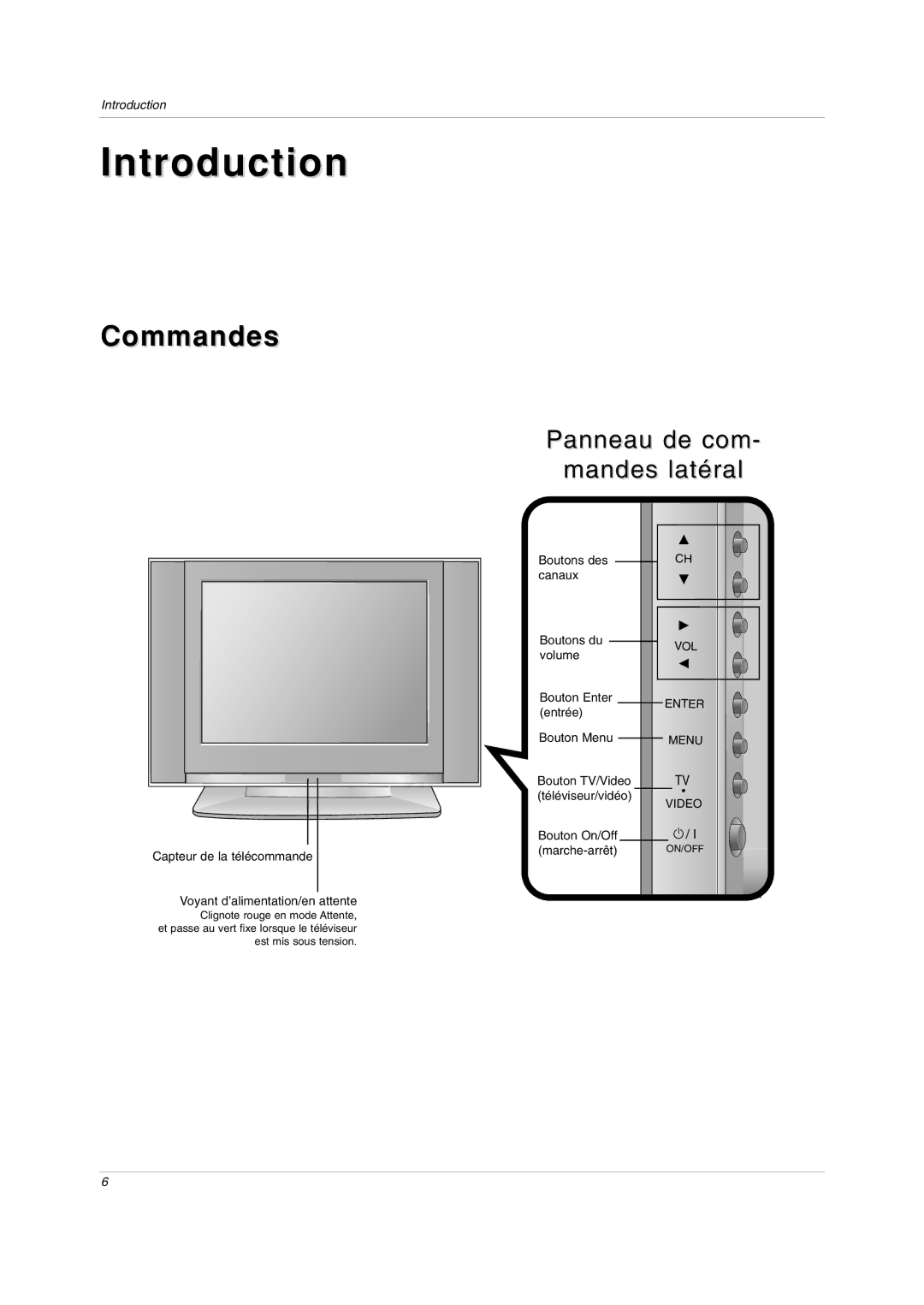 LG Electronics RU-20LA80C owner manual Commandes, Capteur de la télécommande Voyant d’alimentation/en attente 