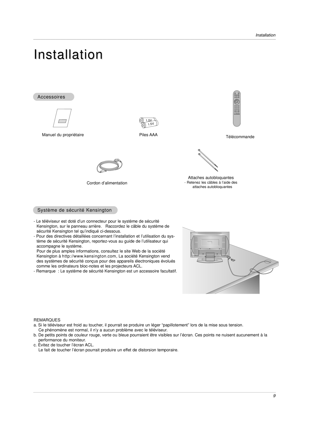 LG Electronics RU-20LA80C owner manual Accessoires, Système de sécurité Kensington 