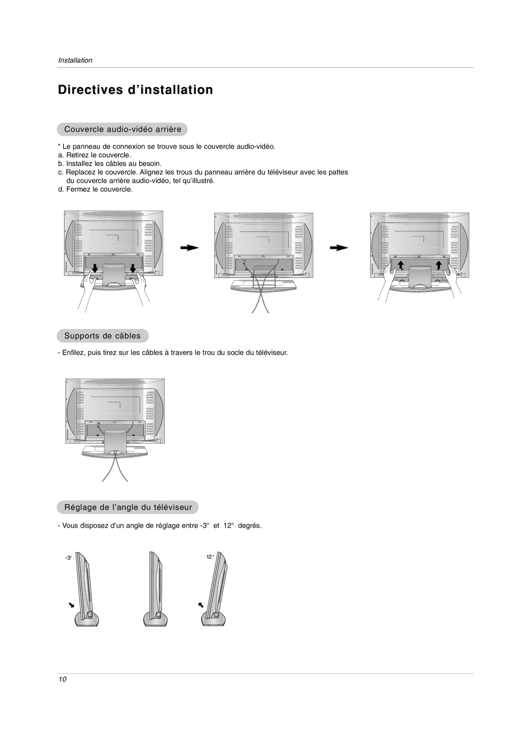 LG Electronics RU-20LA80C owner manual Couvercle audio-vidéo arrière, Supports de câbles, Réglage de l’angle du téléviseur 