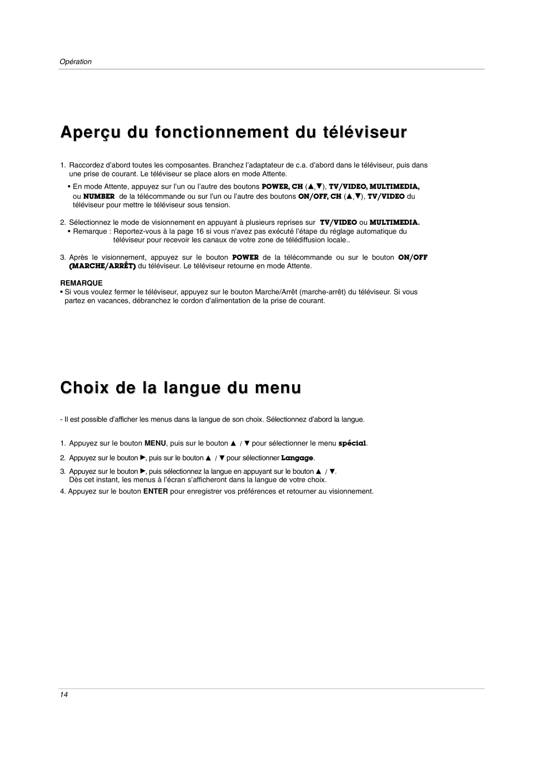 LG Electronics RU-20LA80C owner manual Aperçu du fonctionnement du téléviseur, Choix de la langue du menu 